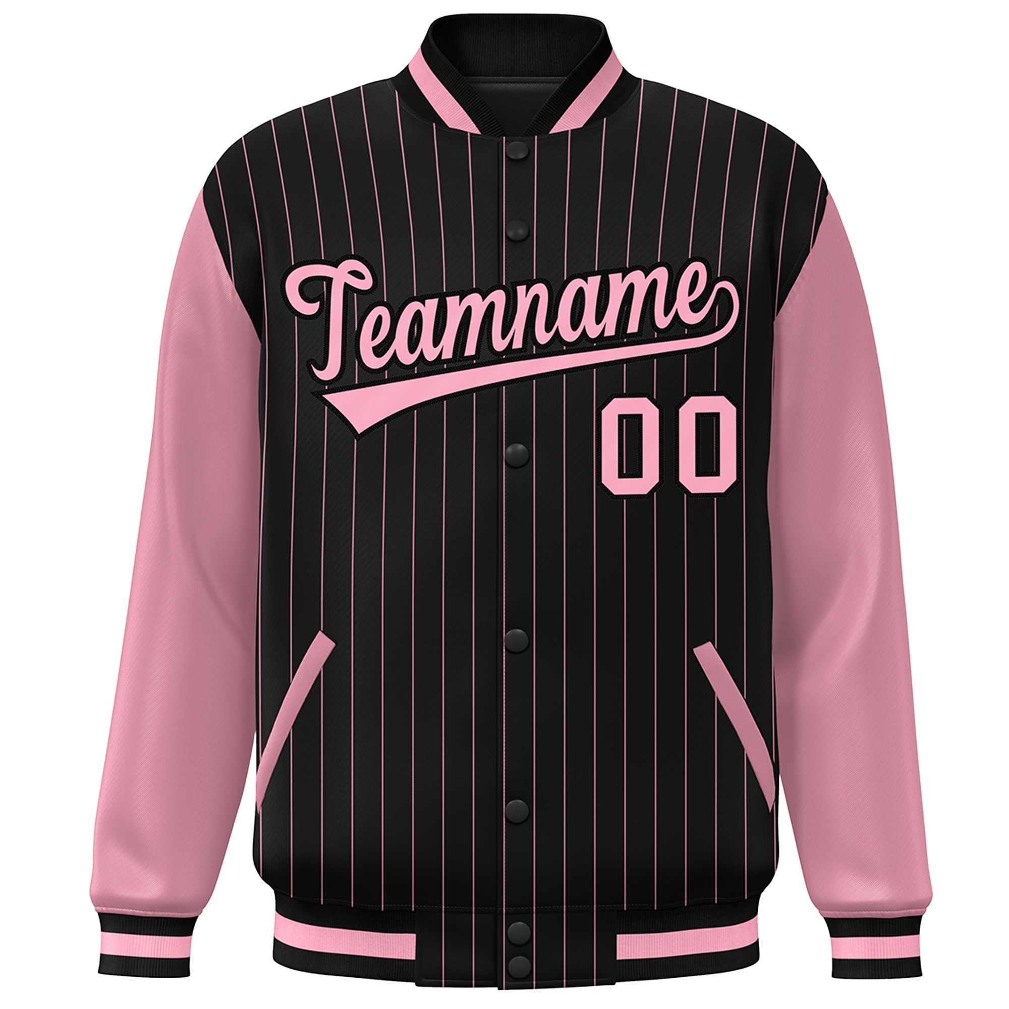 Custom Black Pink Stripe Fashion Bomber Varsity Jacket with Raglan Sleeves