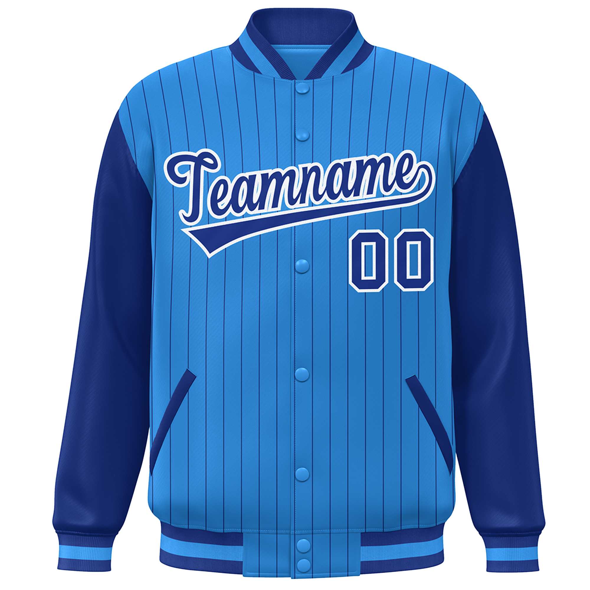 Custom Powder Blue Royal-White Stripe Fashion Bomber Varsity Jacket with Raglan Sleeves