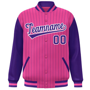 Custom Pink Purple-White Stripe Fashion Bomber Varsity Jacket with Raglan Sleeves