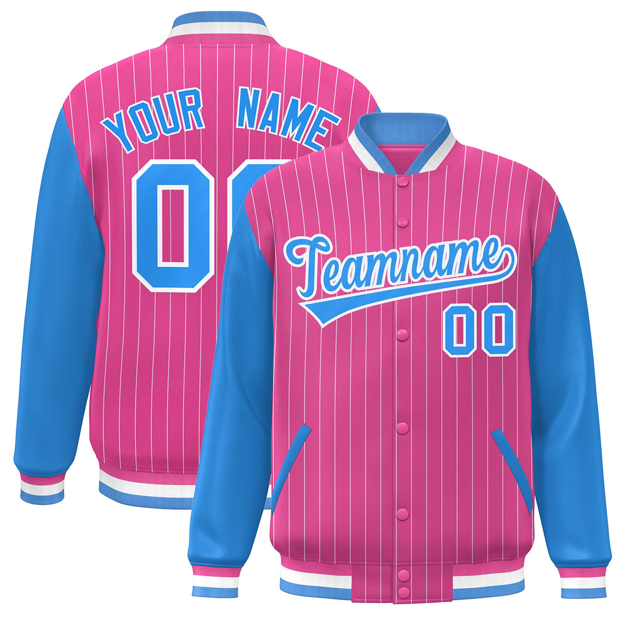 Custom Pink Powder Blue-White Stripe Fashion Bomber Varsity Jacket with Raglan Sleeves