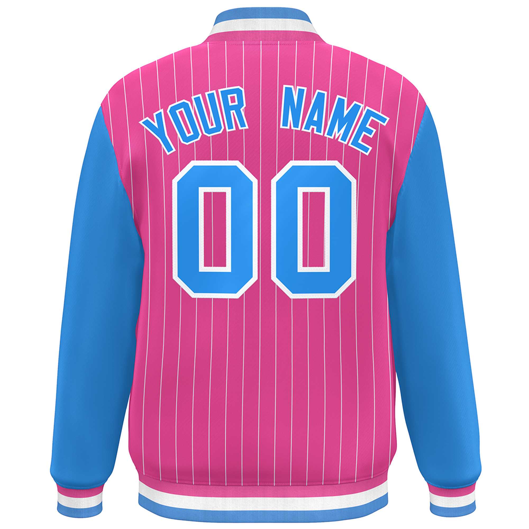 Custom Pink Powder Blue-White Stripe Fashion Bomber Varsity Jacket with Raglan Sleeves