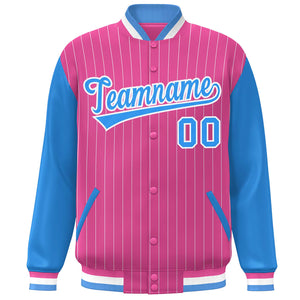 Custom Pink Powder Blue-White Stripe Fashion Bomber Varsity Jacket with Raglan Sleeves