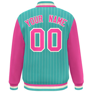 Custom Aqua Pink-White Stripe Fashion Bomber Varsity Jacket with Raglan Sleeves