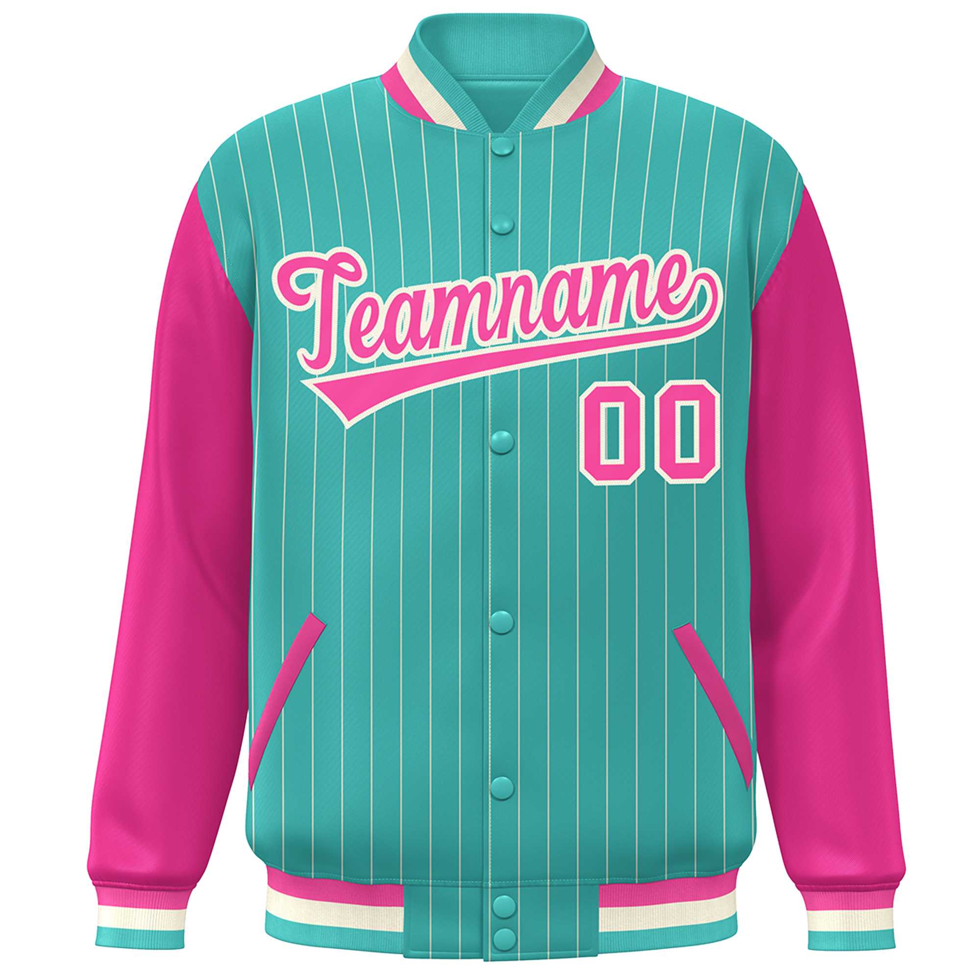 Custom Aqua Pink-White Stripe Fashion Bomber Varsity Jacket with Raglan Sleeves