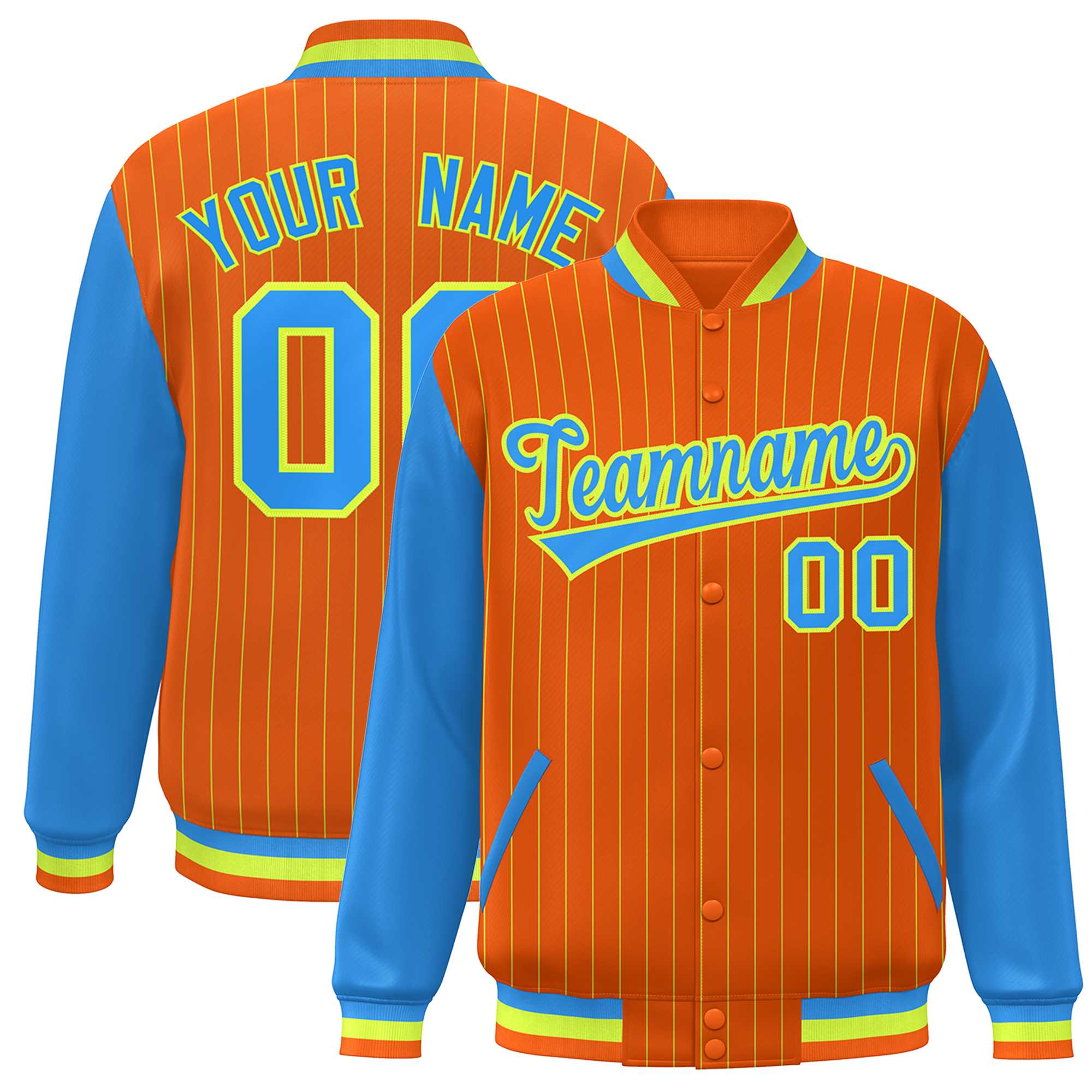 Custom Orange Powder Blue-Neon Green Stripe Fashion Bomber Varsity Jacket with Raglan Sleeves