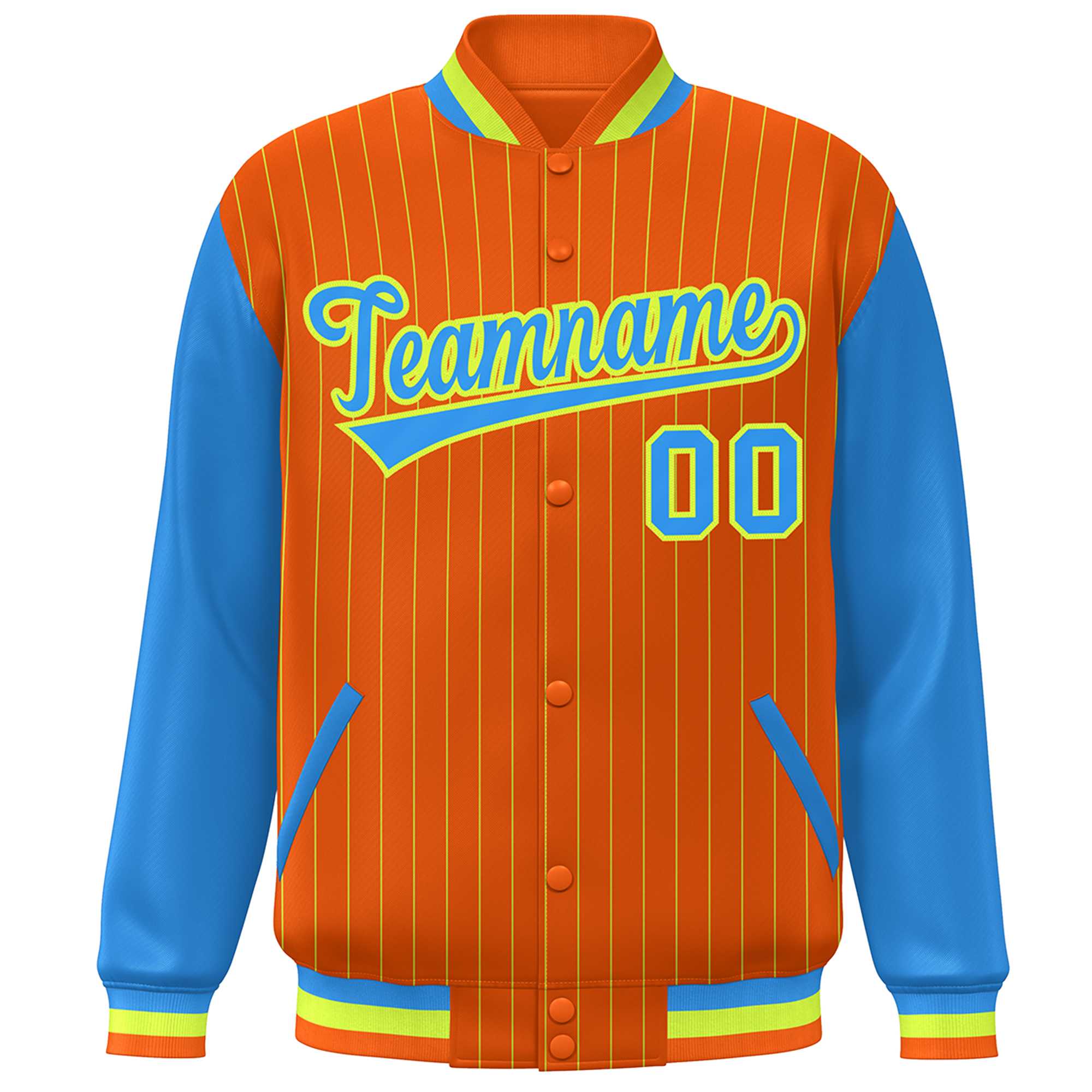 Custom Orange Powder Blue-Neon Green Stripe Fashion Bomber Varsity Jacket with Raglan Sleeves