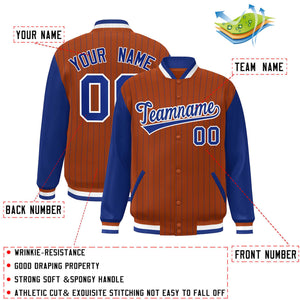 Custom Orange Royal-White Stripe Fashion Bomber Varsity Jacket with Raglan Sleeves