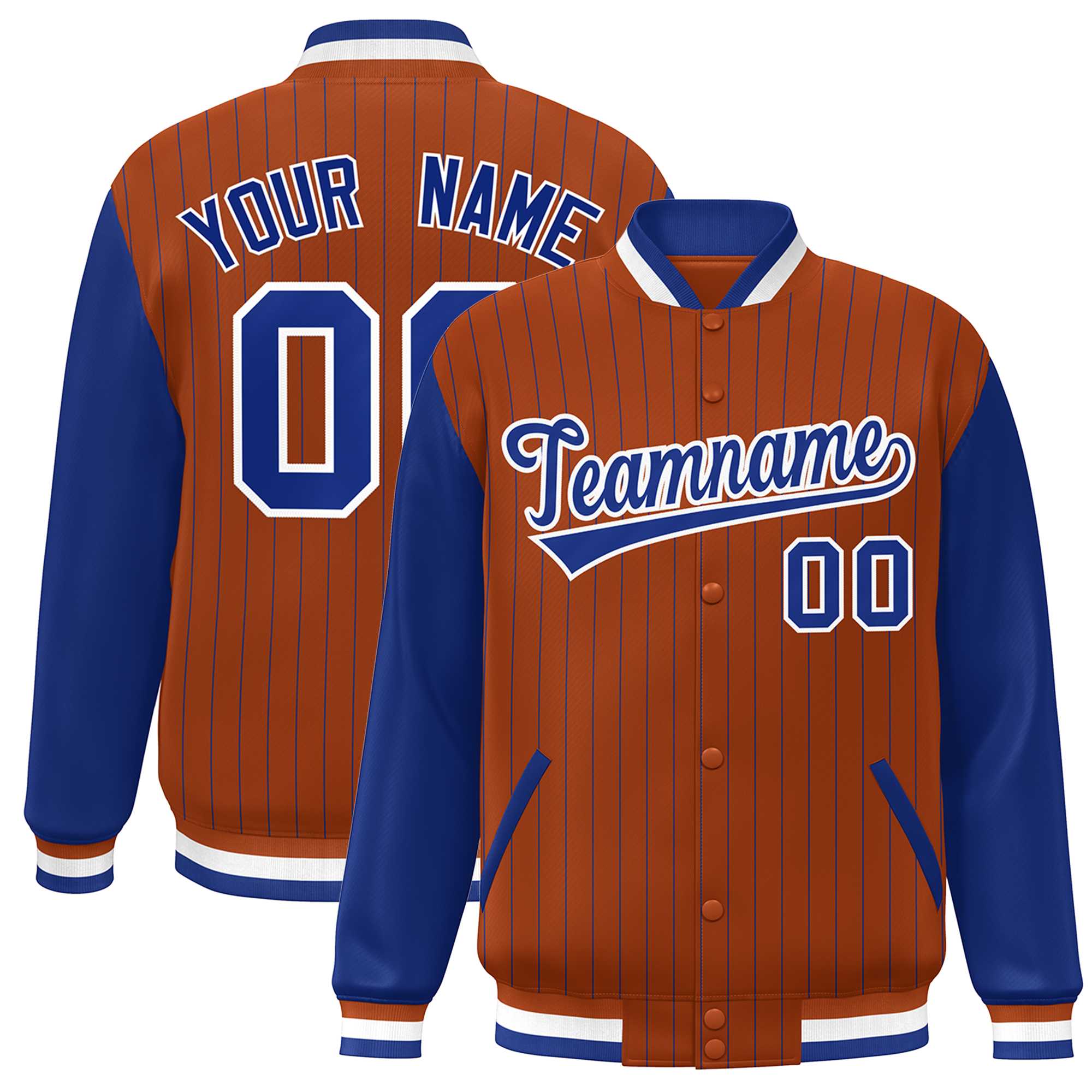 Custom Orange Royal-White Stripe Fashion Bomber Varsity Jacket with Raglan Sleeves