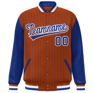 Custom Orange Royal-White Stripe Fashion Bomber Varsity Jacket with Raglan Sleeves