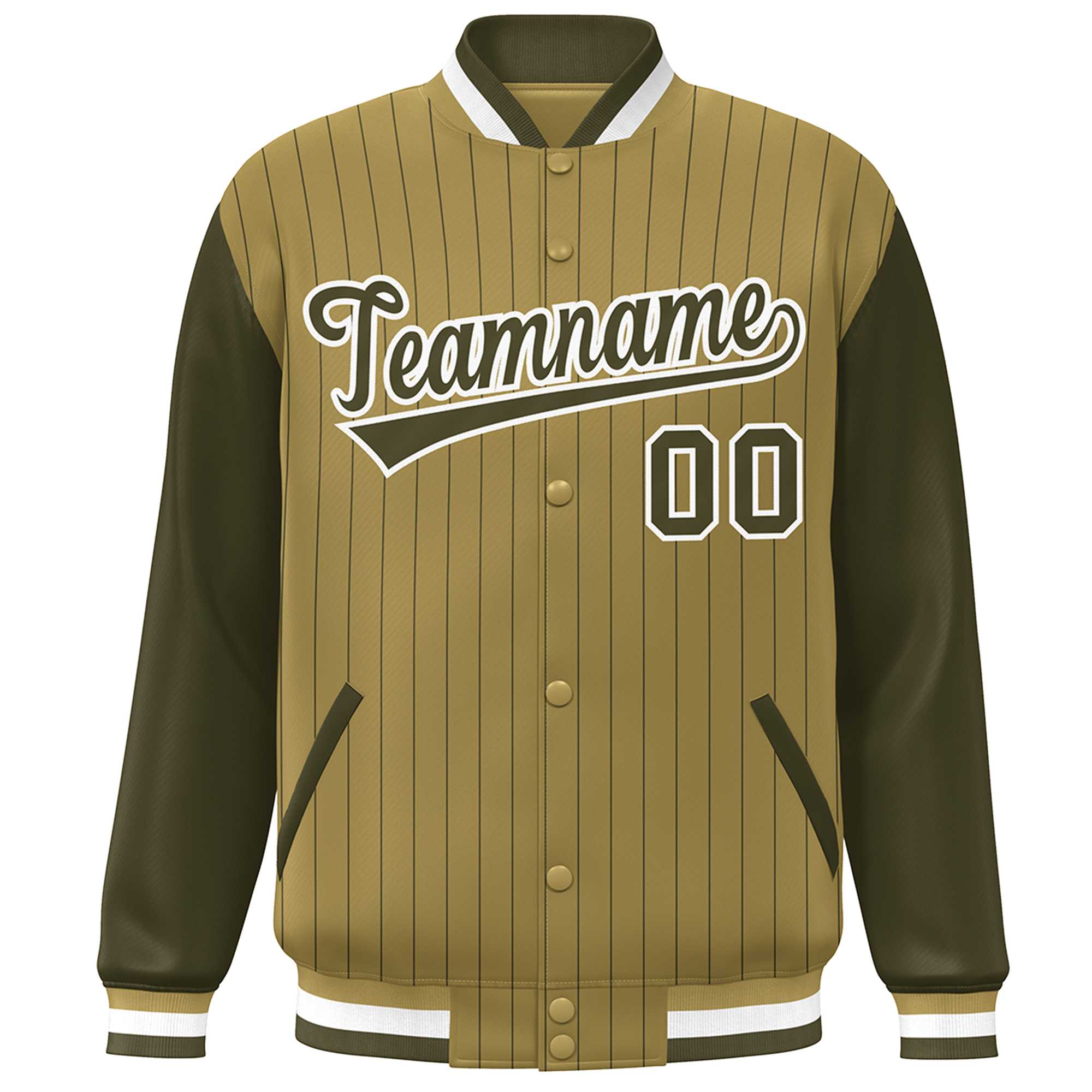 Custom Desert Yellow Olive-White Stripe Fashion Bomber Varsity Jacket with Raglan Sleeves