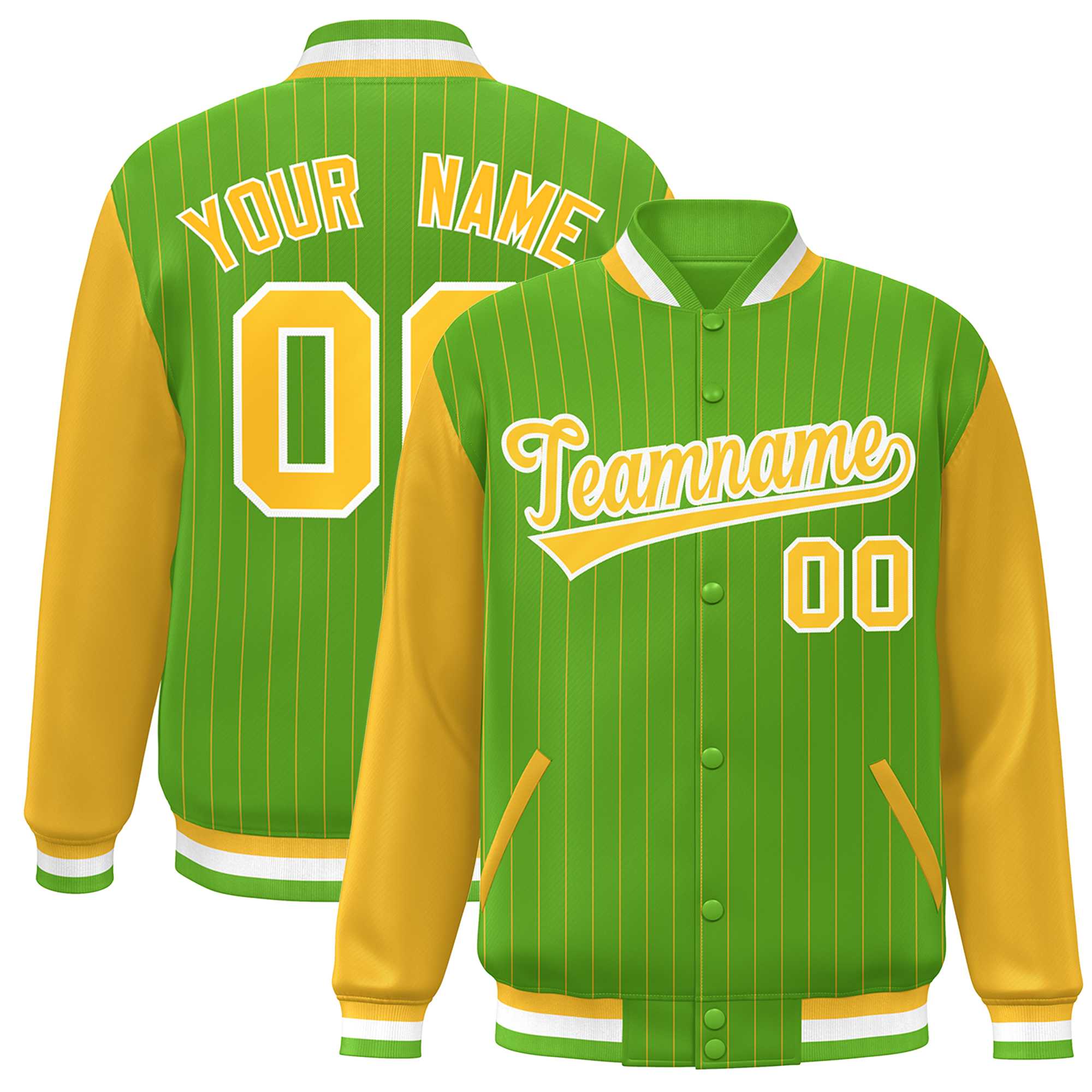 Custom Green Gold-White Stripe Fashion Bomber Varsity Jacket with Raglan Sleeves