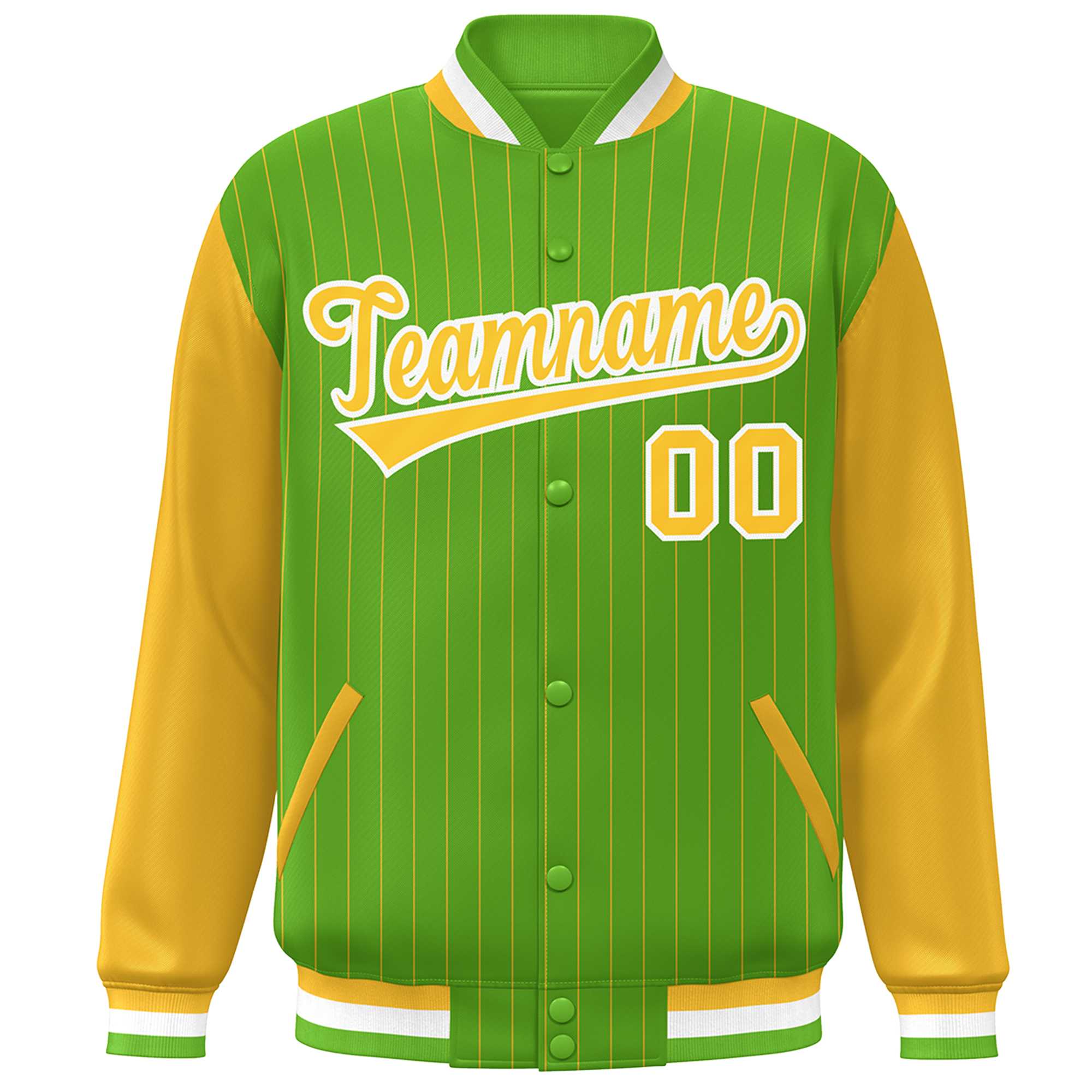 Custom Green Gold-White Stripe Fashion Bomber Varsity Jacket with Raglan Sleeves