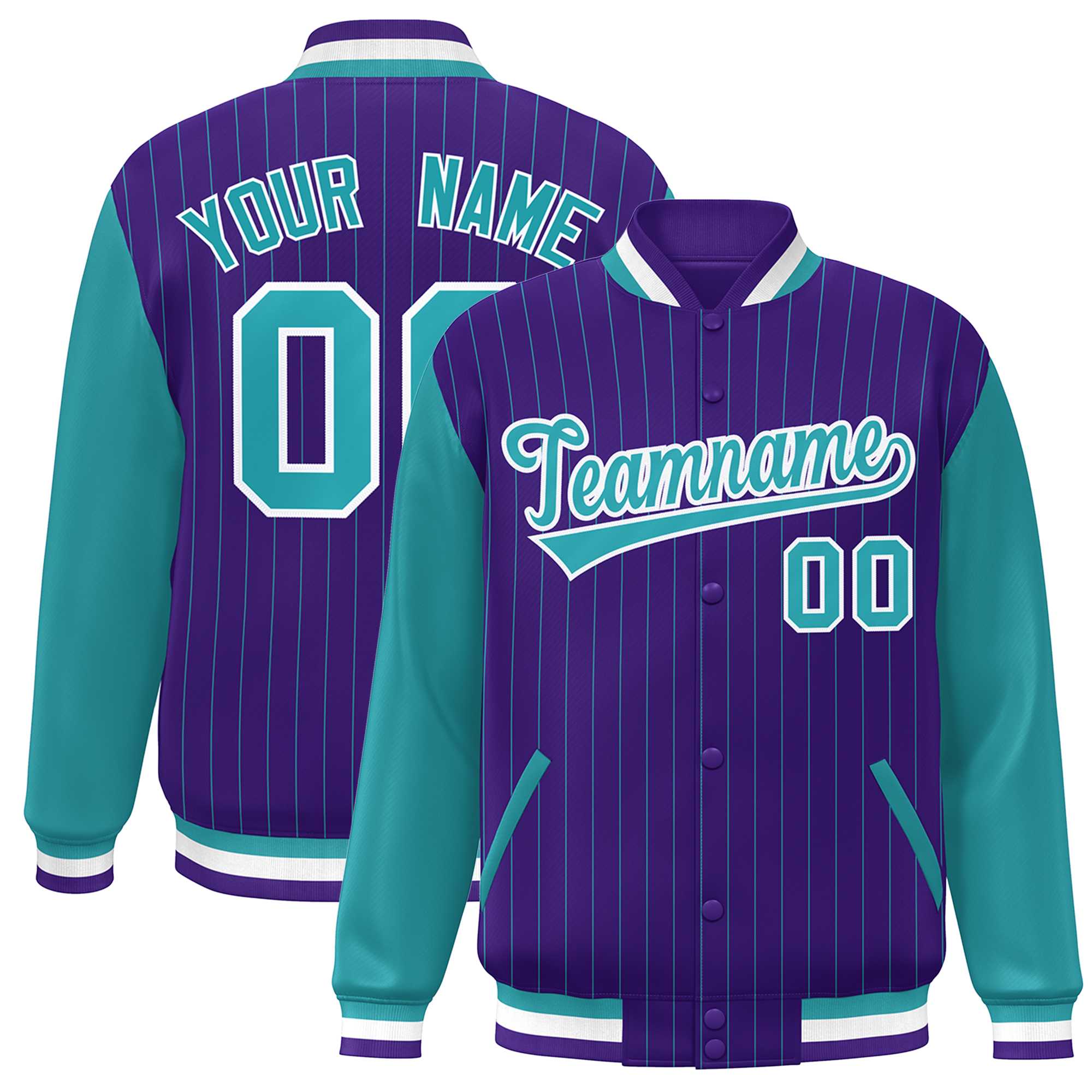 Custom Purple Aqua-White Stripe Fashion Bomber Varsity Jacket with Raglan Sleeves