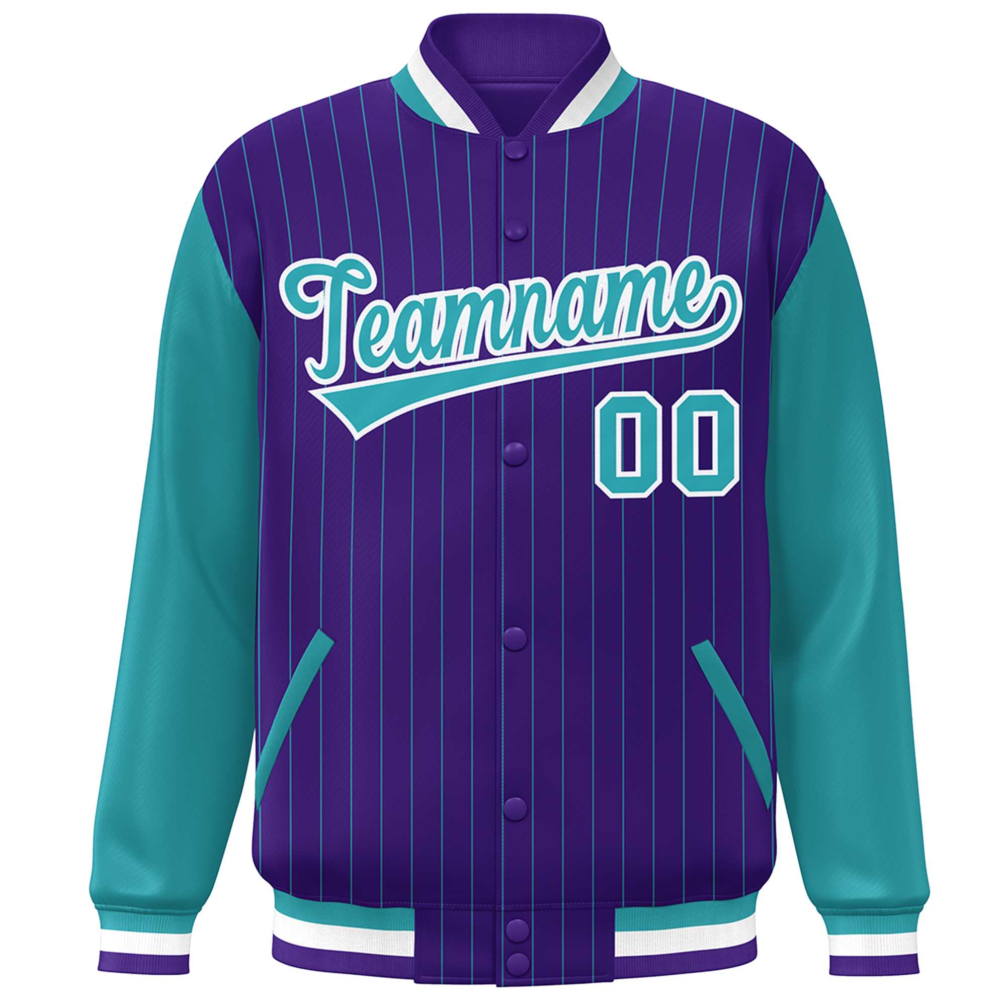 Custom Purple Aqua-White Stripe Fashion Bomber Varsity Jacket with Raglan Sleeves