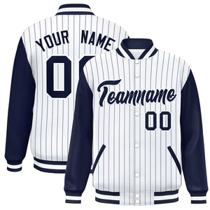 Custom White Navy Stripe Fashion Bomber Varsity Jacket with Raglan Sleeves