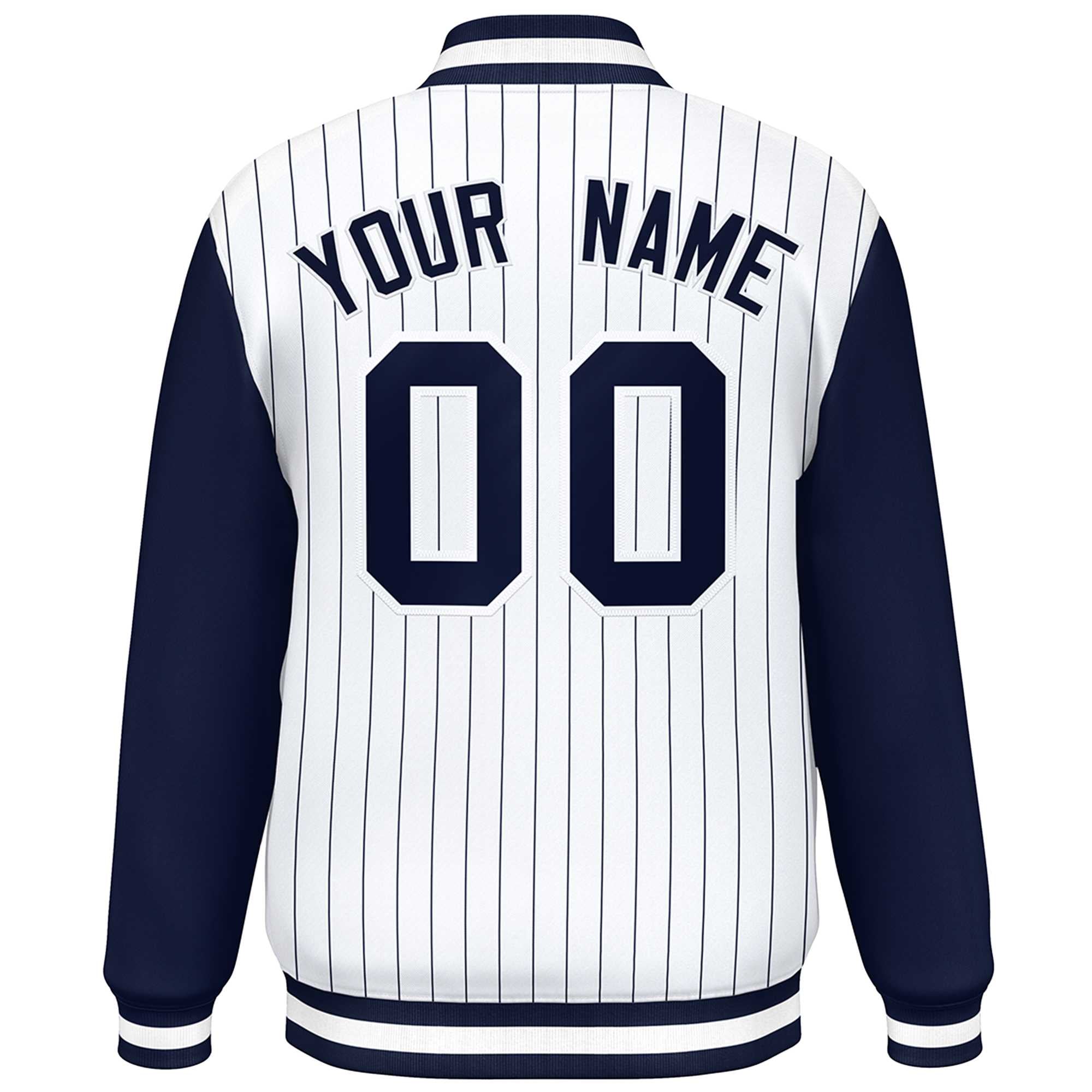 Custom White Navy Stripe Fashion Bomber Varsity Jacket with Raglan Sleeves