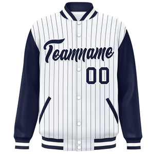 Custom White Navy Stripe Fashion Bomber Varsity Jacket with Raglan Sleeves