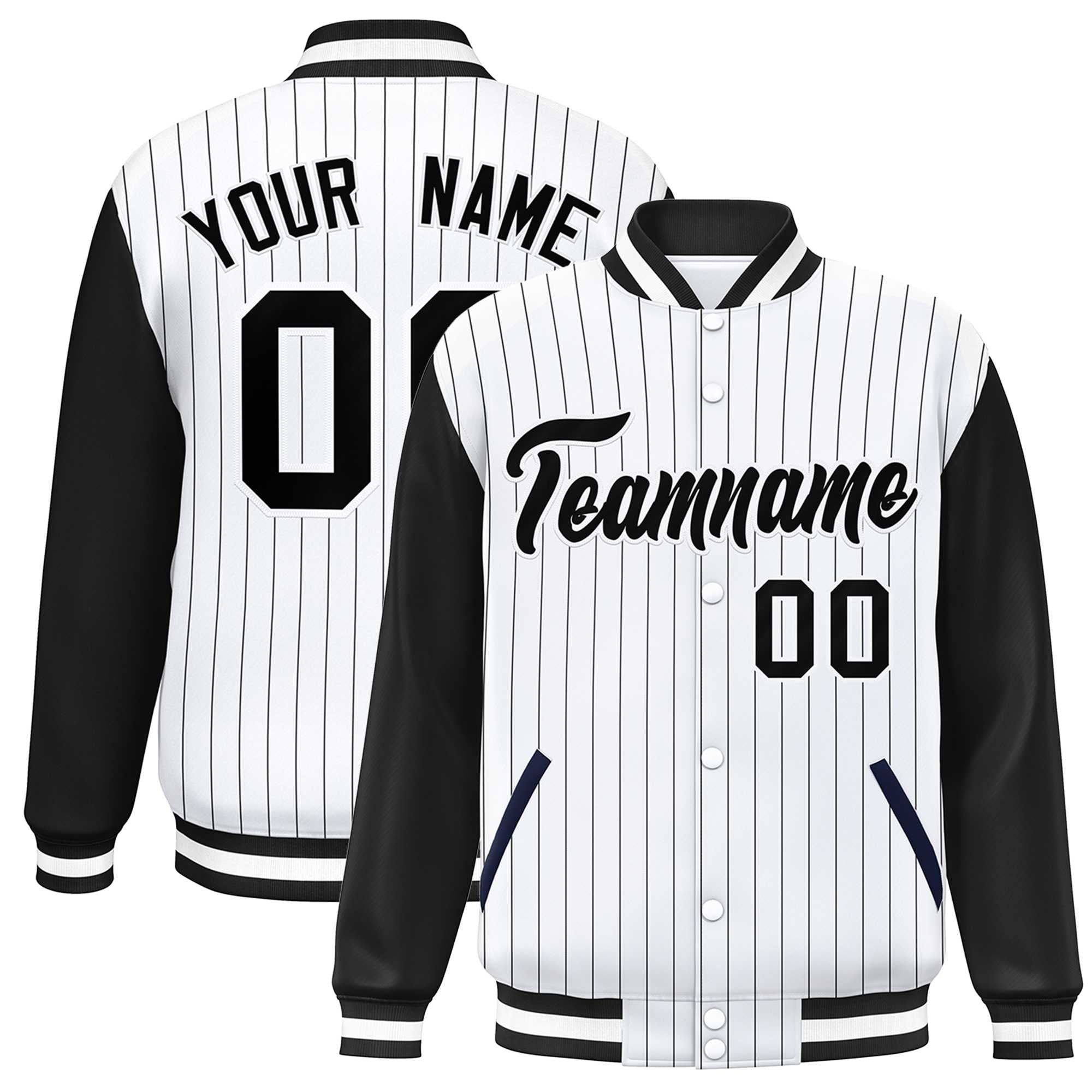 Custom White Black Stripe Fashion Bomber Varsity Jacket with Raglan Sleeves