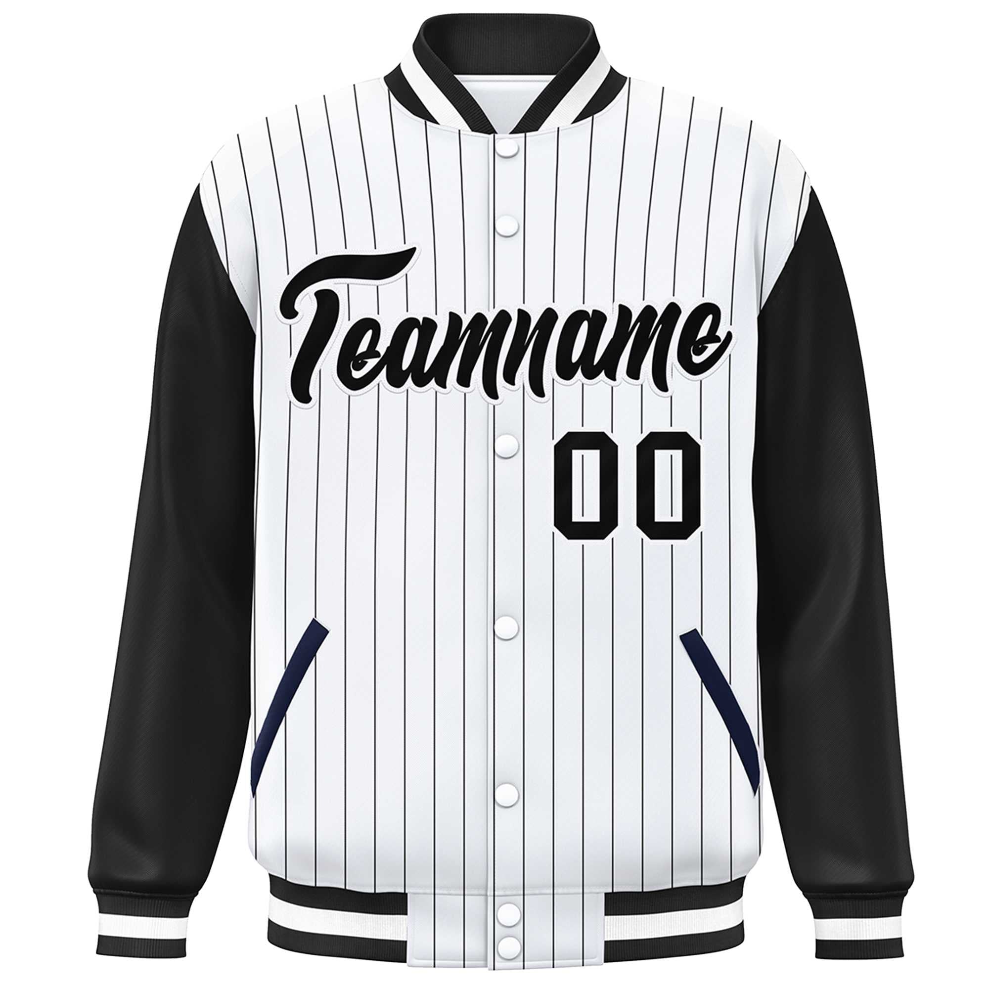 Custom White Black Stripe Fashion Bomber Varsity Jacket with Raglan Sleeves