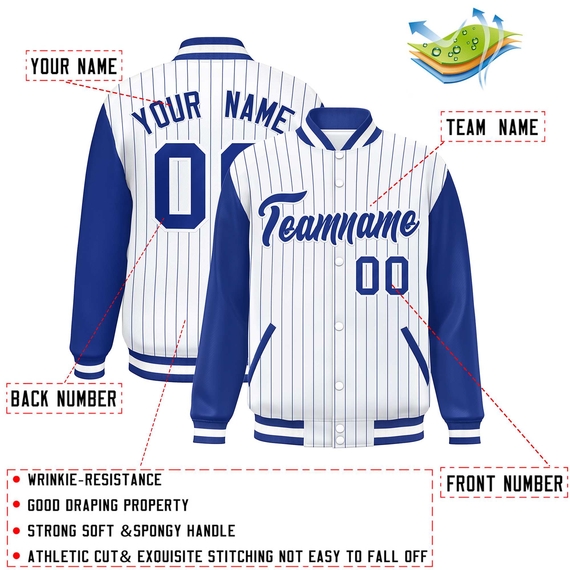 Custom White Royal Stripe Fashion Bomber Varsity Jacket with Raglan Sleeves