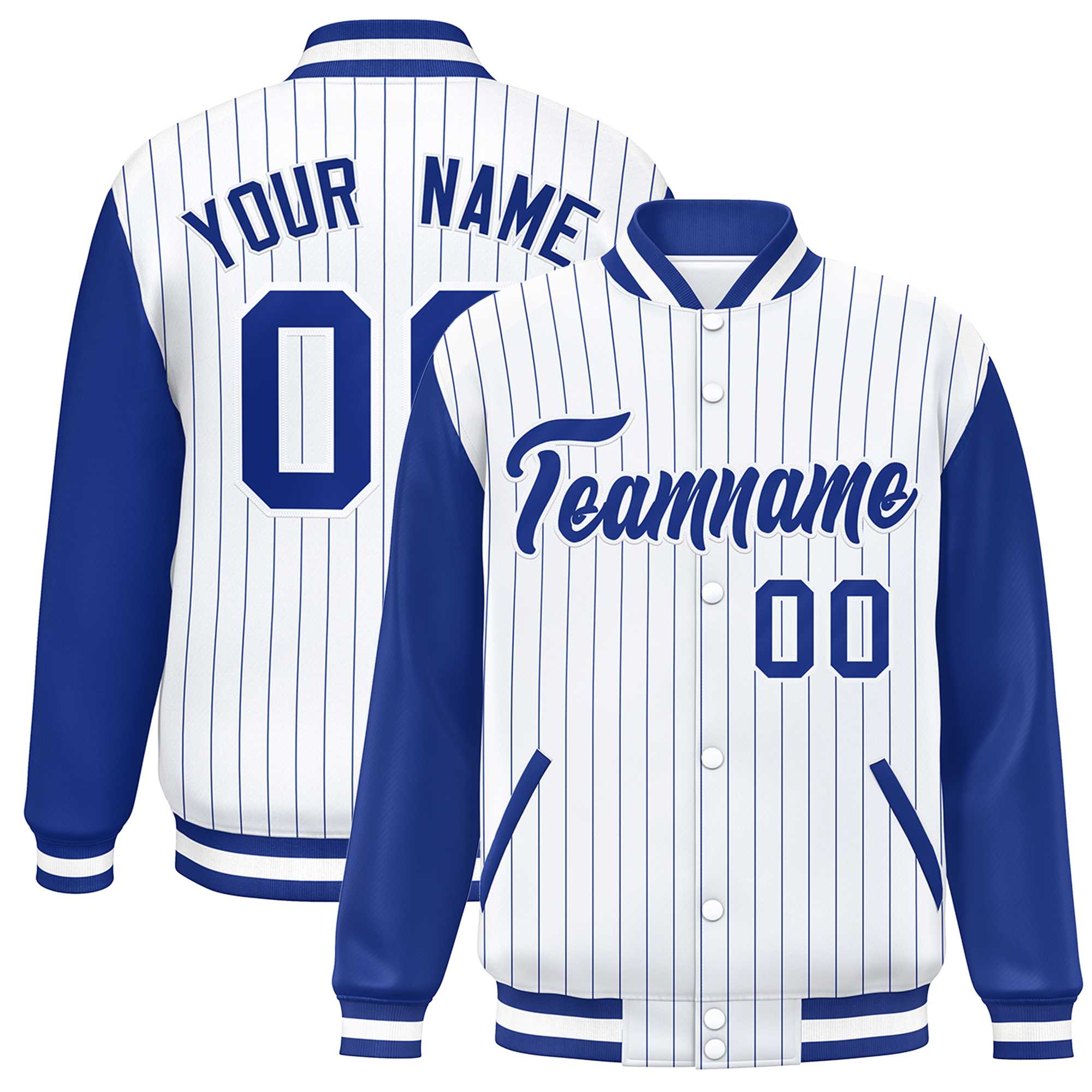 Custom White Royal Stripe Fashion Bomber Varsity Jacket with Raglan Sleeves