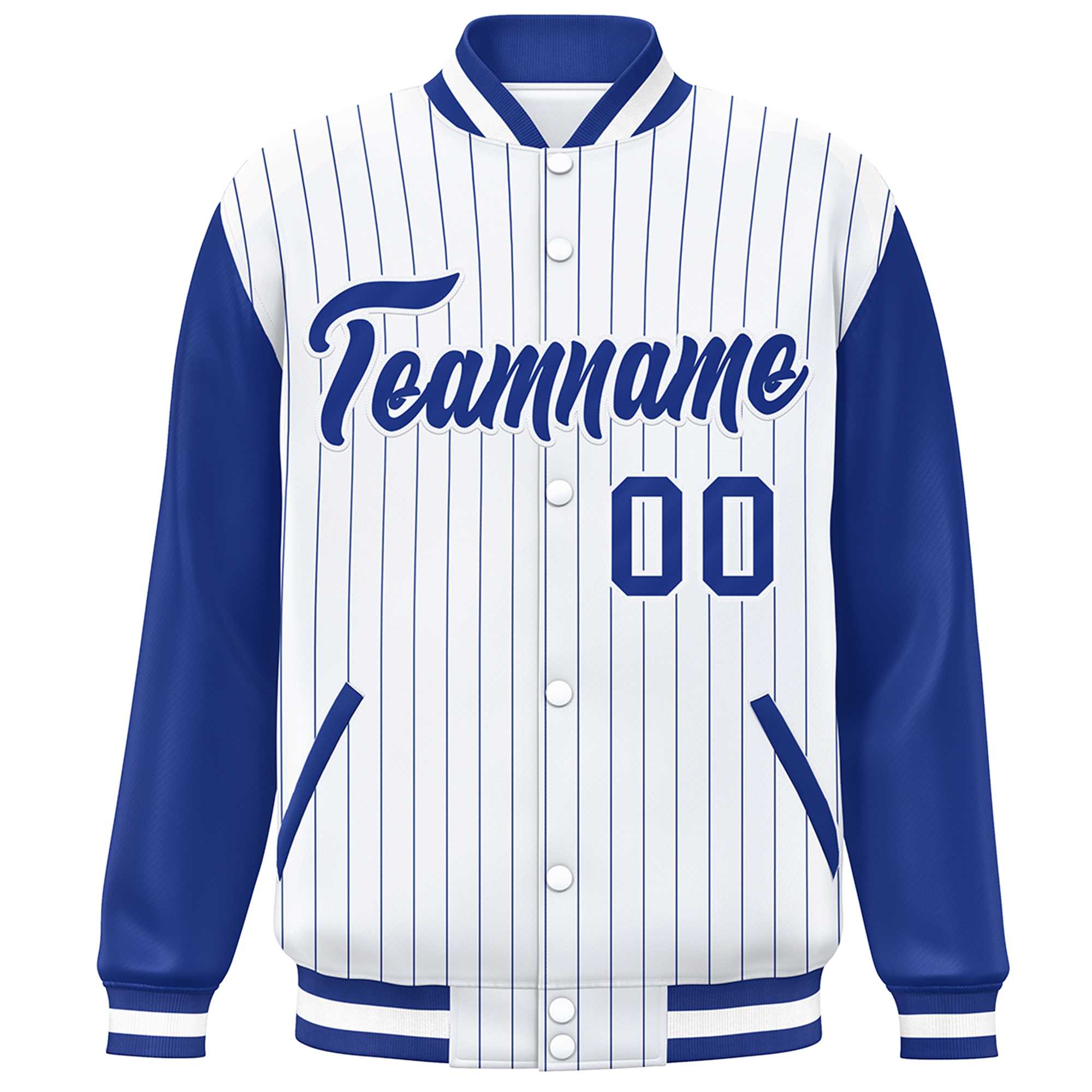 Custom White Royal Stripe Fashion Bomber Varsity Jacket with Raglan Sleeves