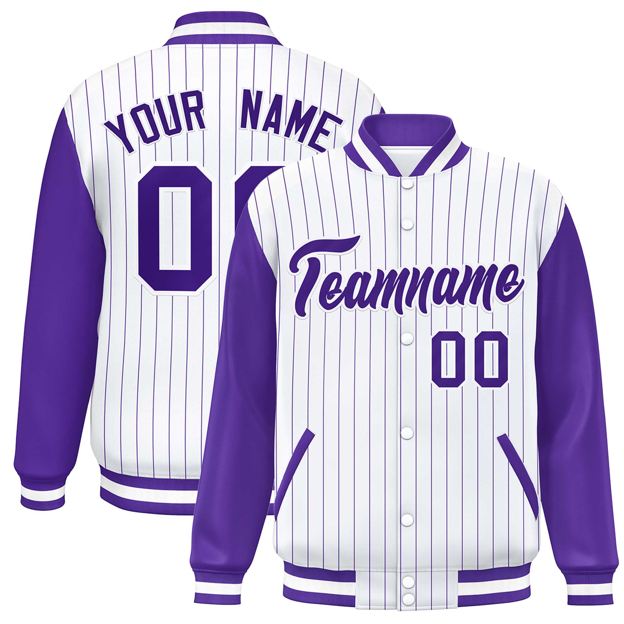 Custom White Purple Stripe Fashion Bomber Varsity Jacket with Raglan Sleeves