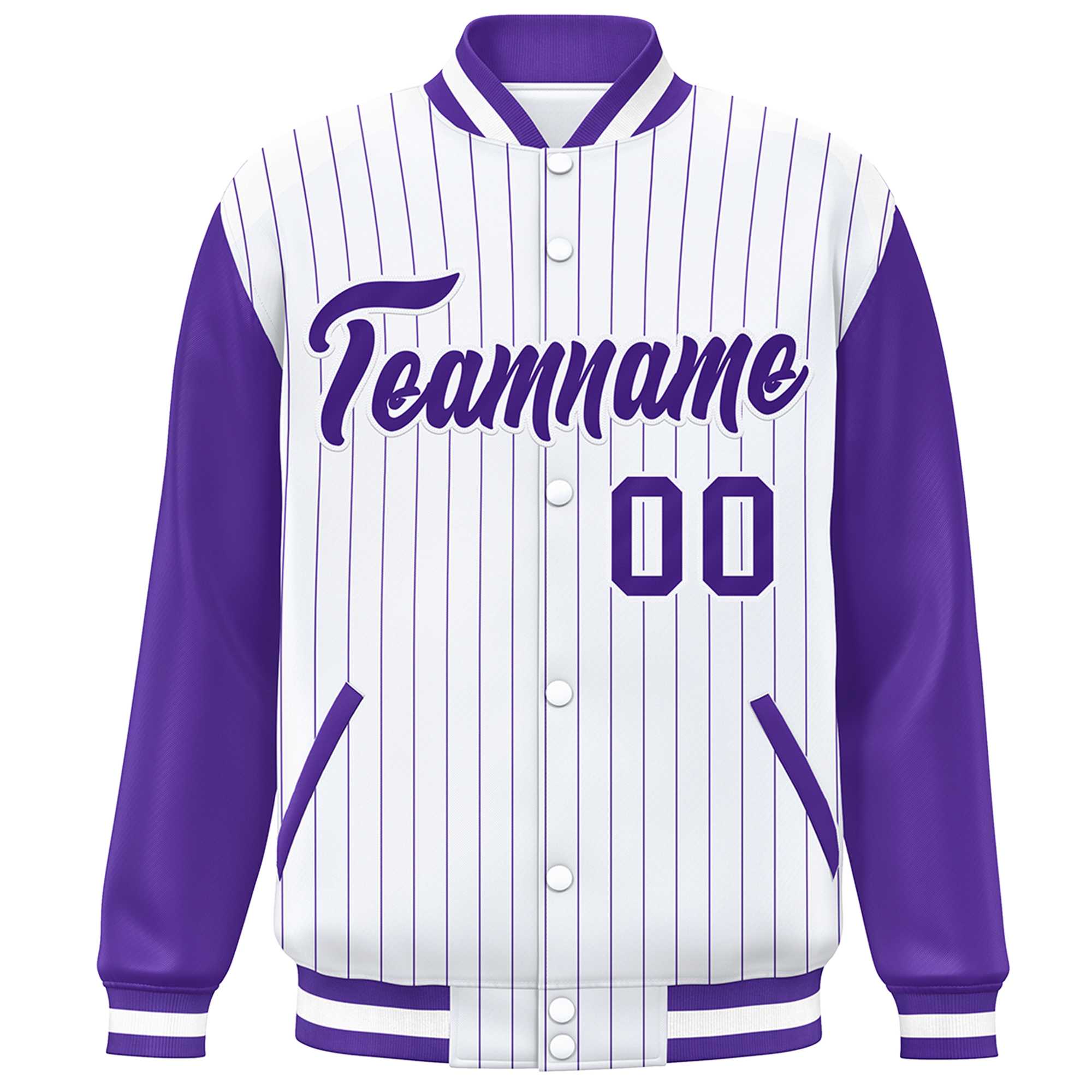 Custom White Purple Stripe Fashion Bomber Varsity Jacket with Raglan Sleeves