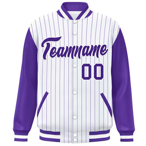 Custom White Purple Stripe Fashion Bomber Varsity Jacket with Raglan Sleeves