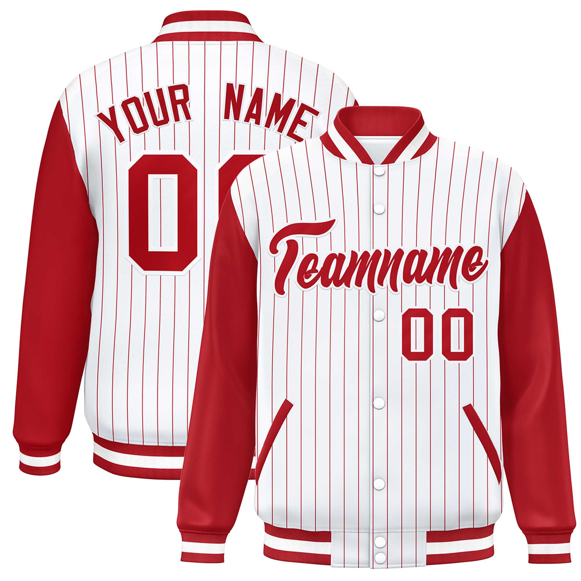 Custom White Red Stripe Fashion Bomber Varsity Jacket with Raglan Sleeves