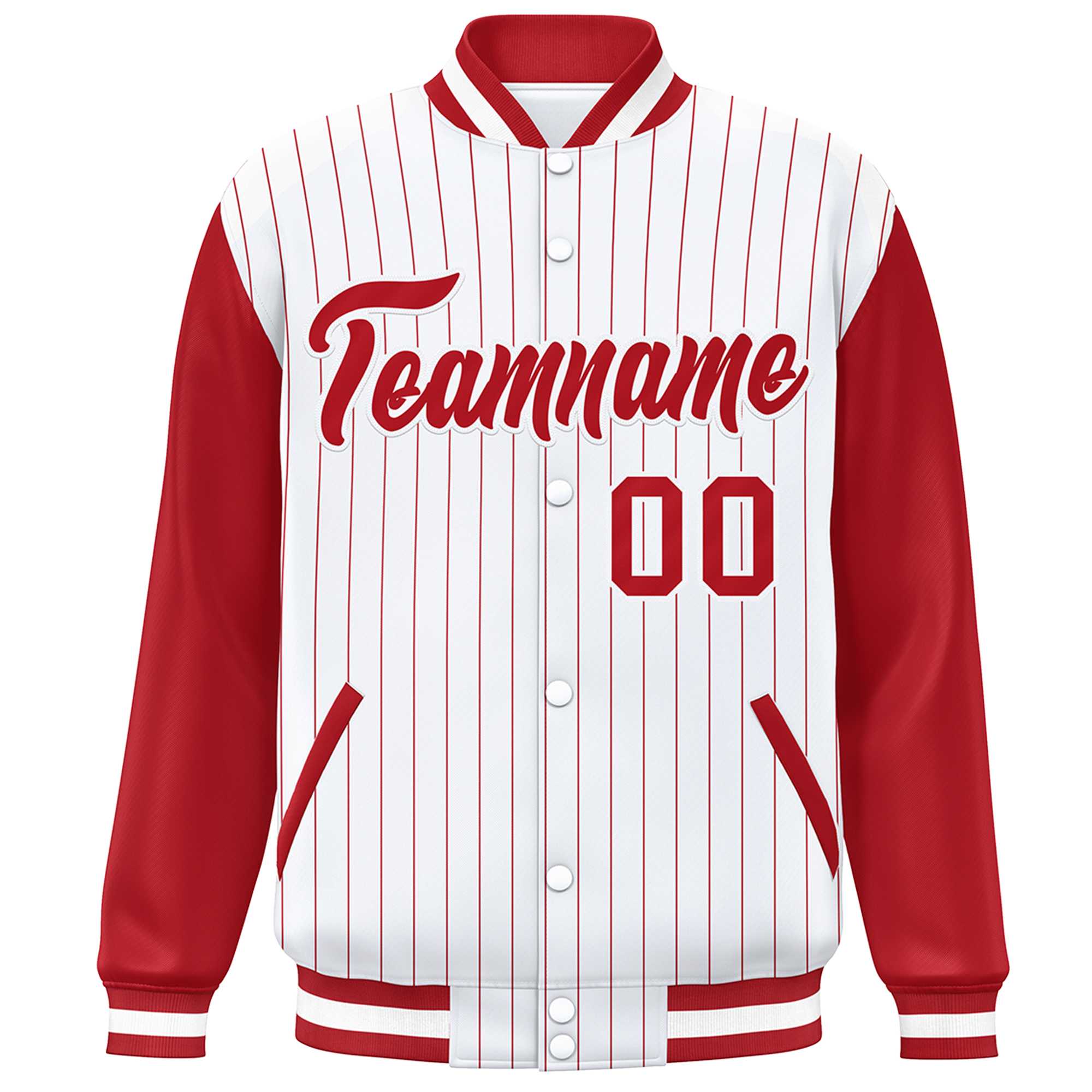 Custom White Red Stripe Fashion Bomber Varsity Jacket with Raglan Sleeves