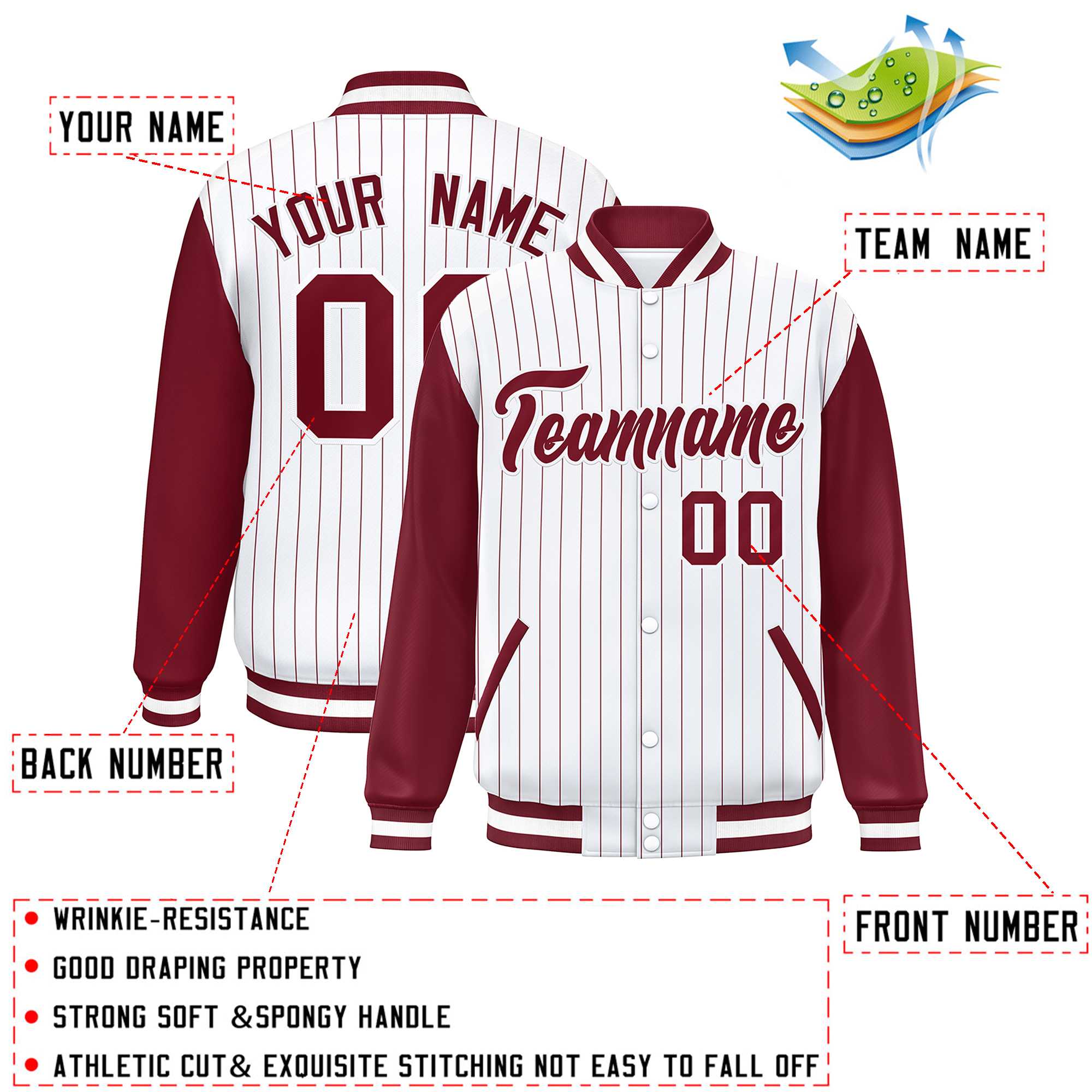 Custom White Crimson Stripe Fashion Bomber Varsity Jacket with Raglan Sleeves