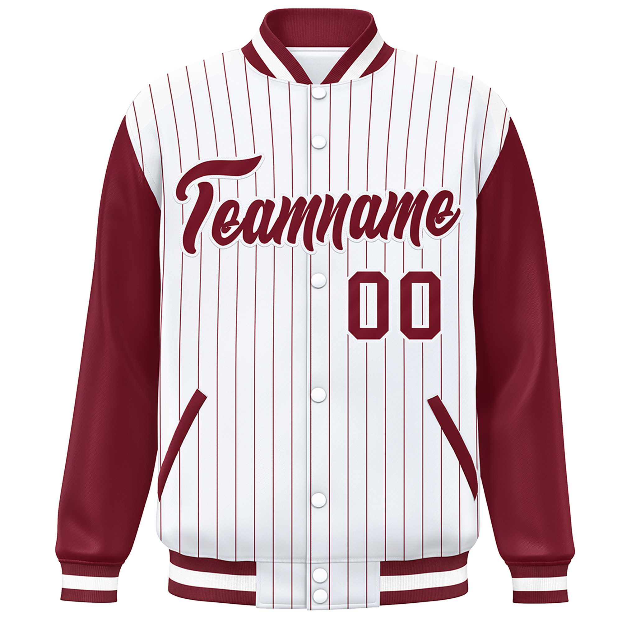 Custom White Crimson Stripe Fashion Bomber Varsity Jacket with Raglan Sleeves