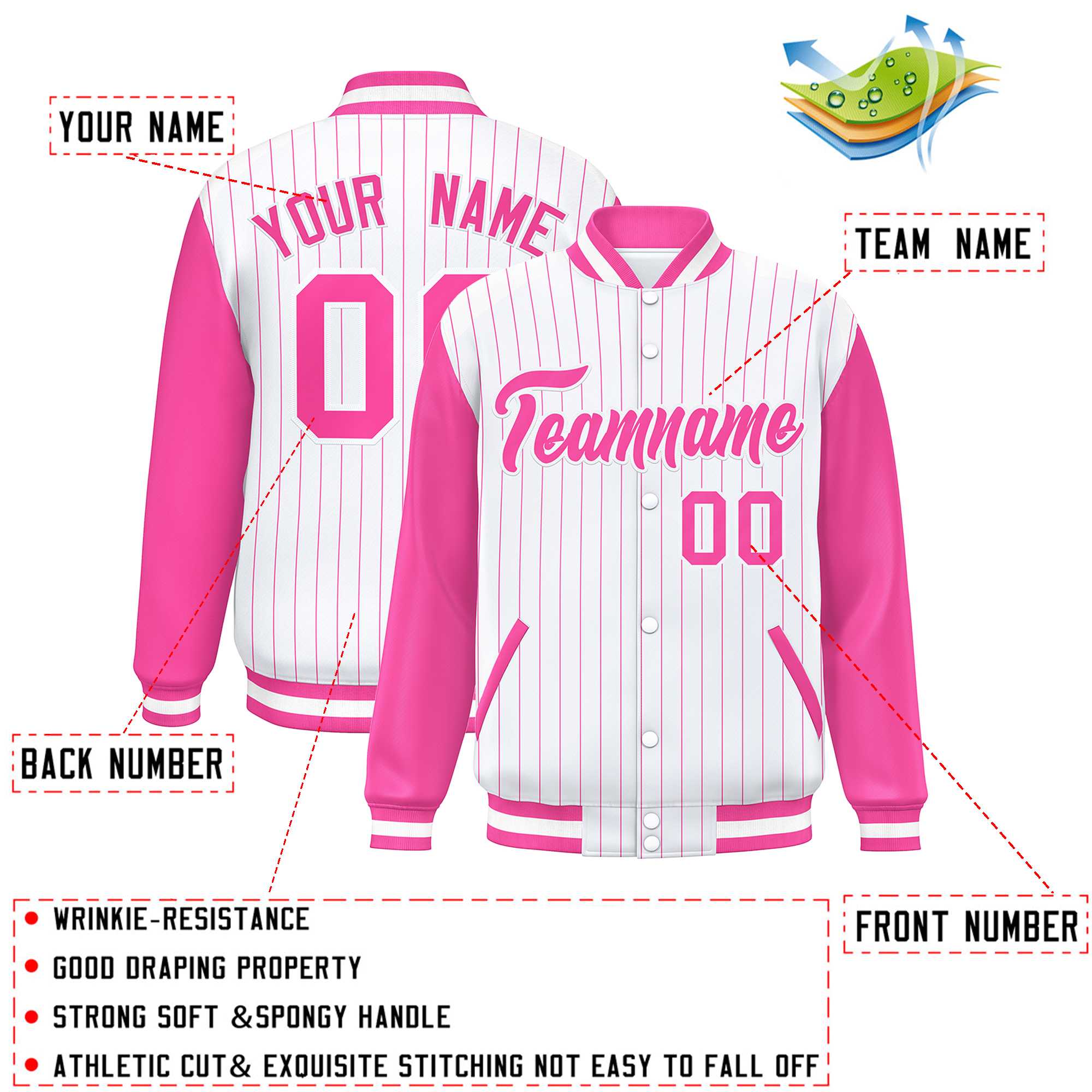 Custom White Pink Stripe Fashion Bomber Varsity Jacket with Raglan Sleeves