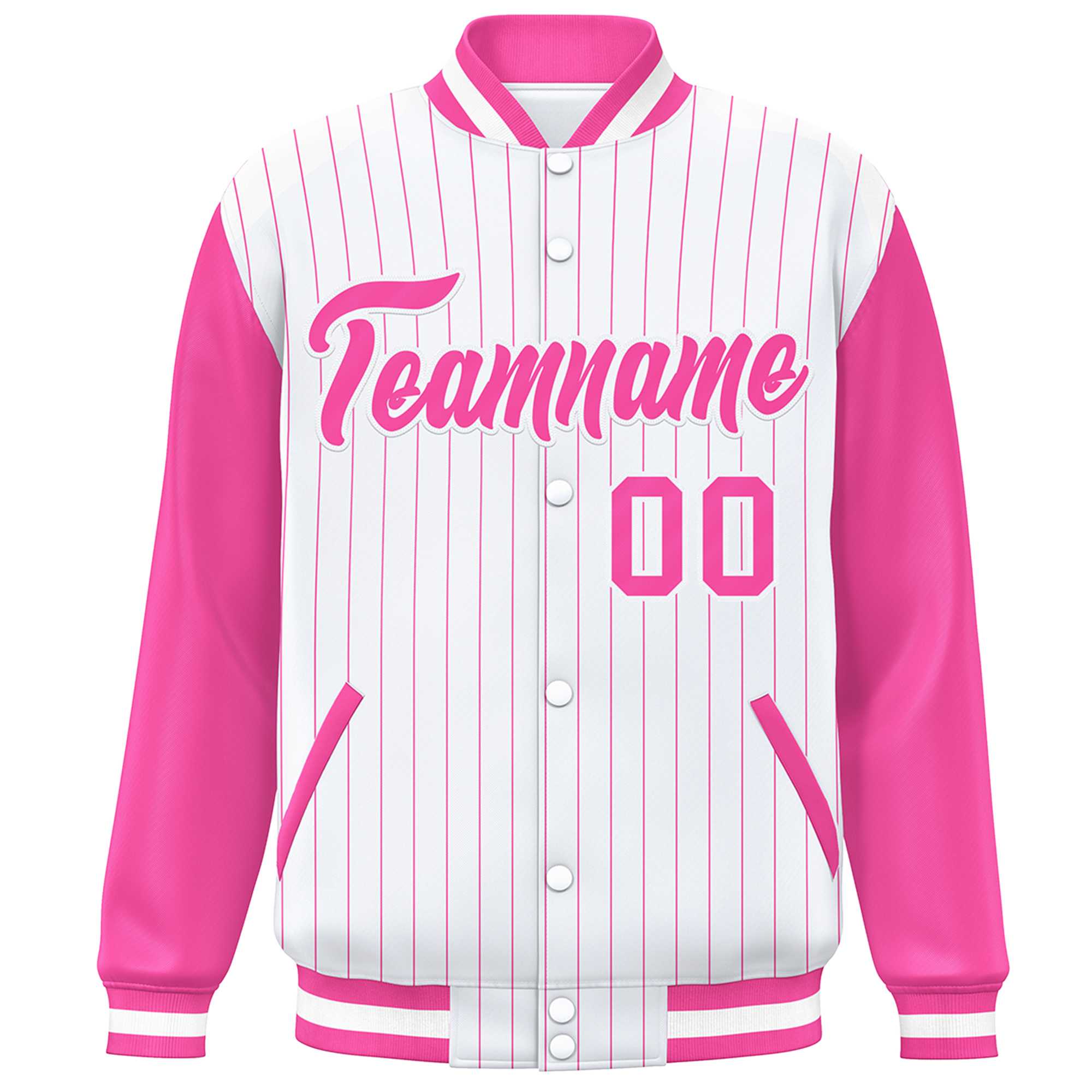 Custom White Pink Stripe Fashion Bomber Varsity Jacket with Raglan Sleeves