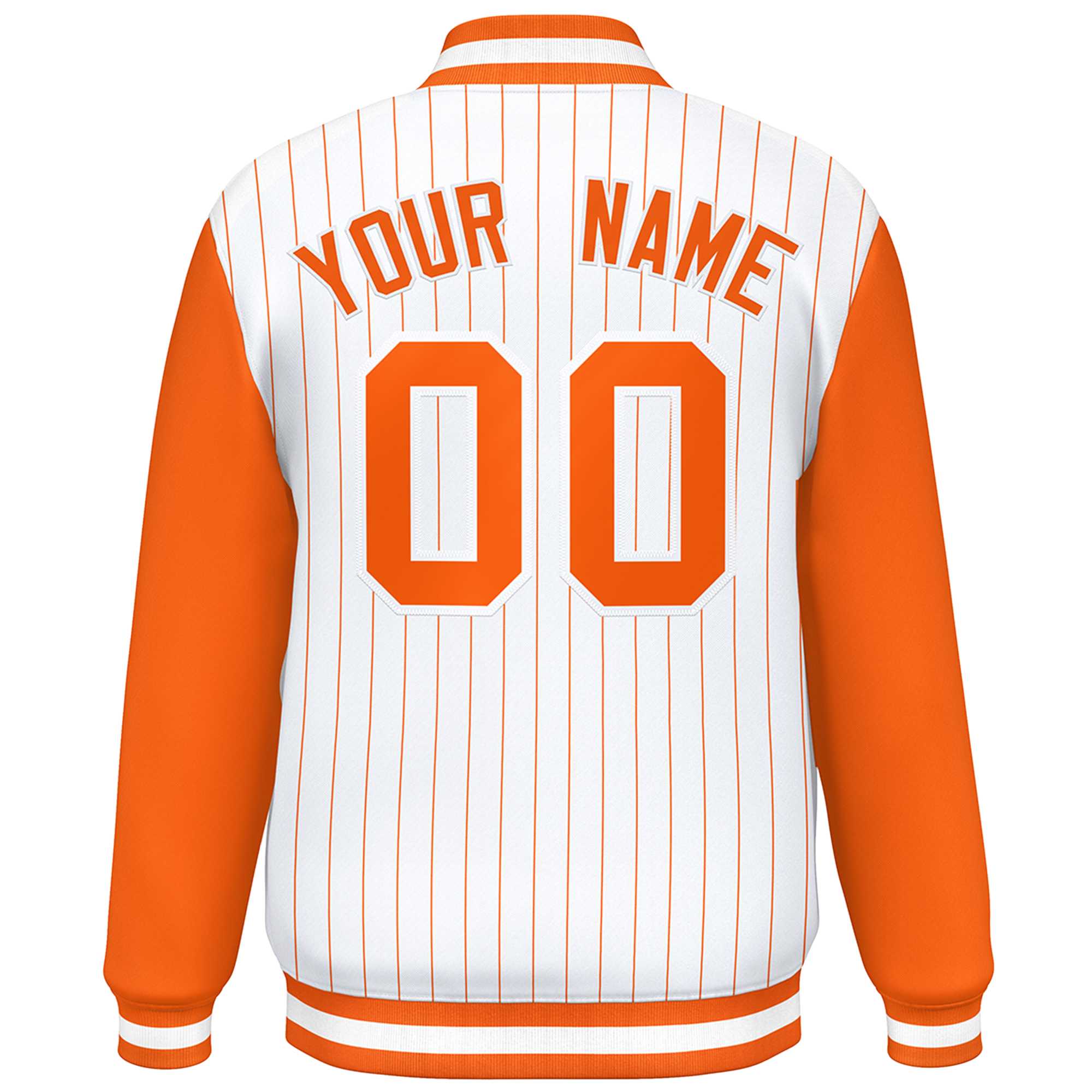 Custom White Orange Stripe Fashion Bomber Varsity Jacket with Raglan Sleeves