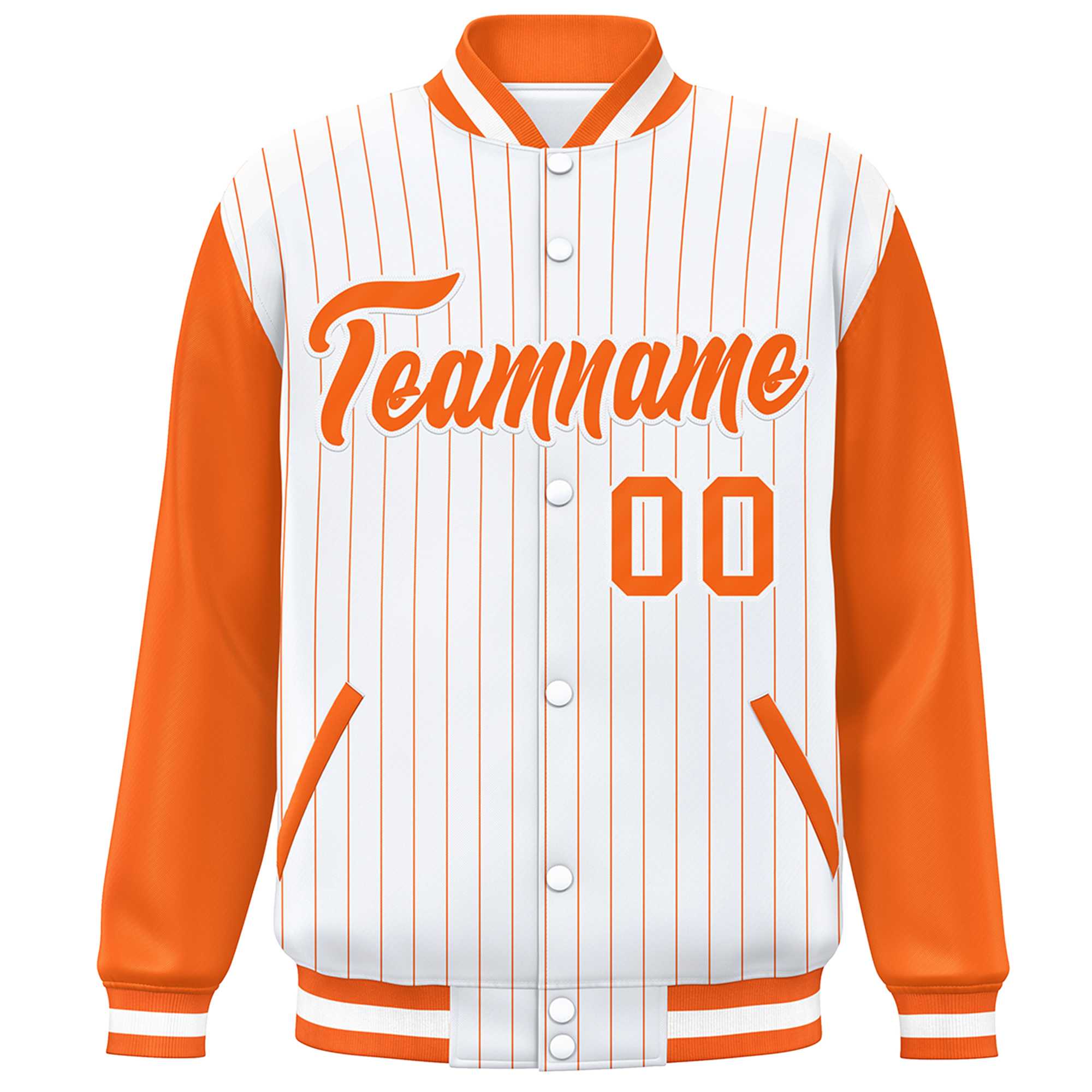 Custom White Orange Stripe Fashion Bomber Varsity Jacket with Raglan Sleeves