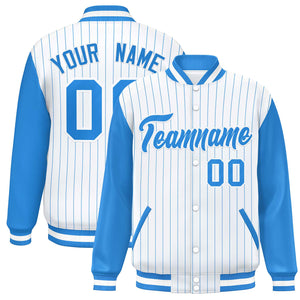 Custom White Powder Blue Stripe Fashion Bomber Varsity Jacket with Raglan Sleeves