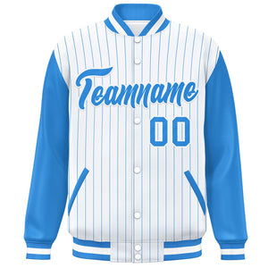 Custom White Powder Blue Stripe Fashion Bomber Varsity Jacket with Raglan Sleeves