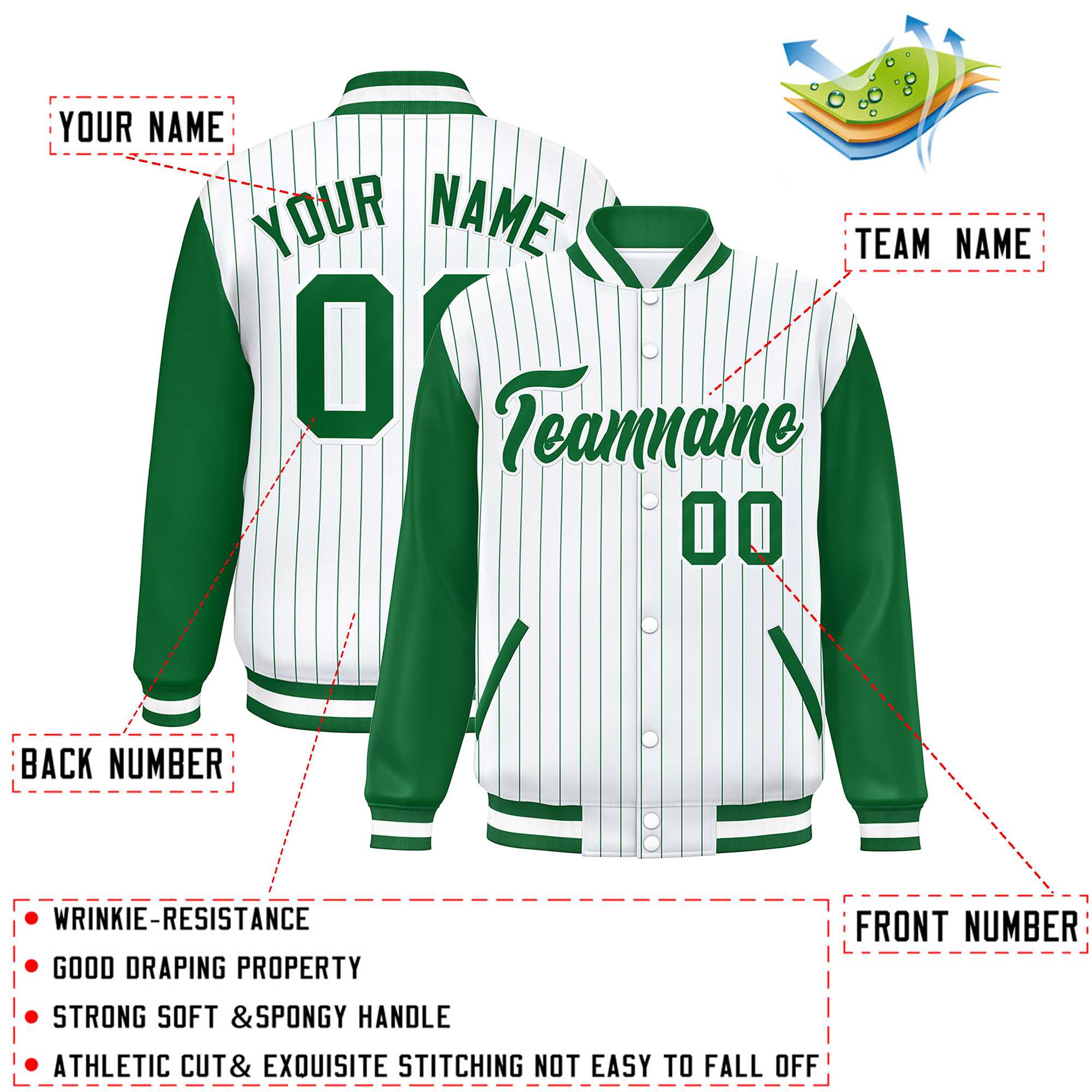 Custom White Kelly Green Stripe Fashion Bomber Varsity Jacket with Raglan Sleeves