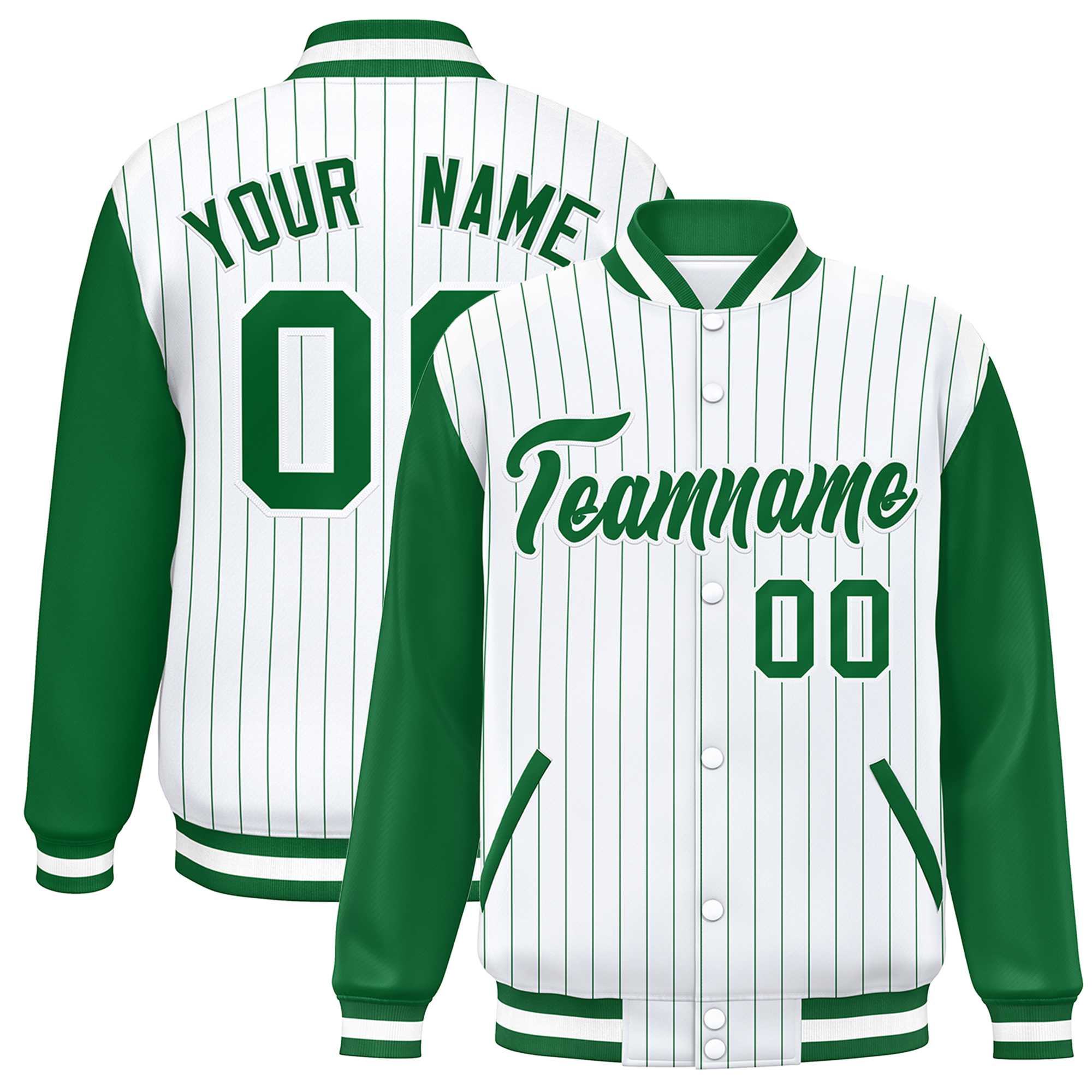 Custom White Kelly Green Stripe Fashion Bomber Varsity Jacket with Raglan Sleeves