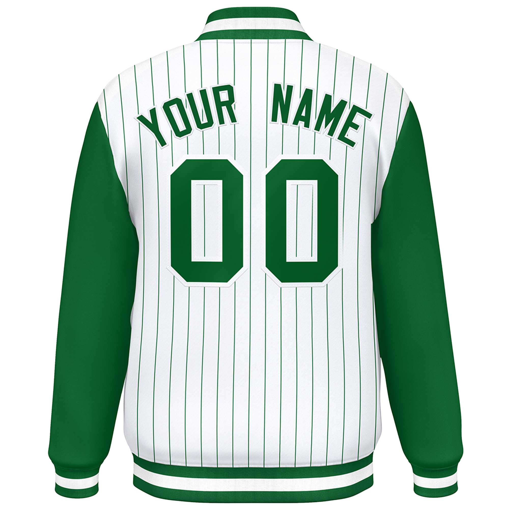 Custom White Kelly Green Stripe Fashion Bomber Varsity Jacket with Raglan Sleeves