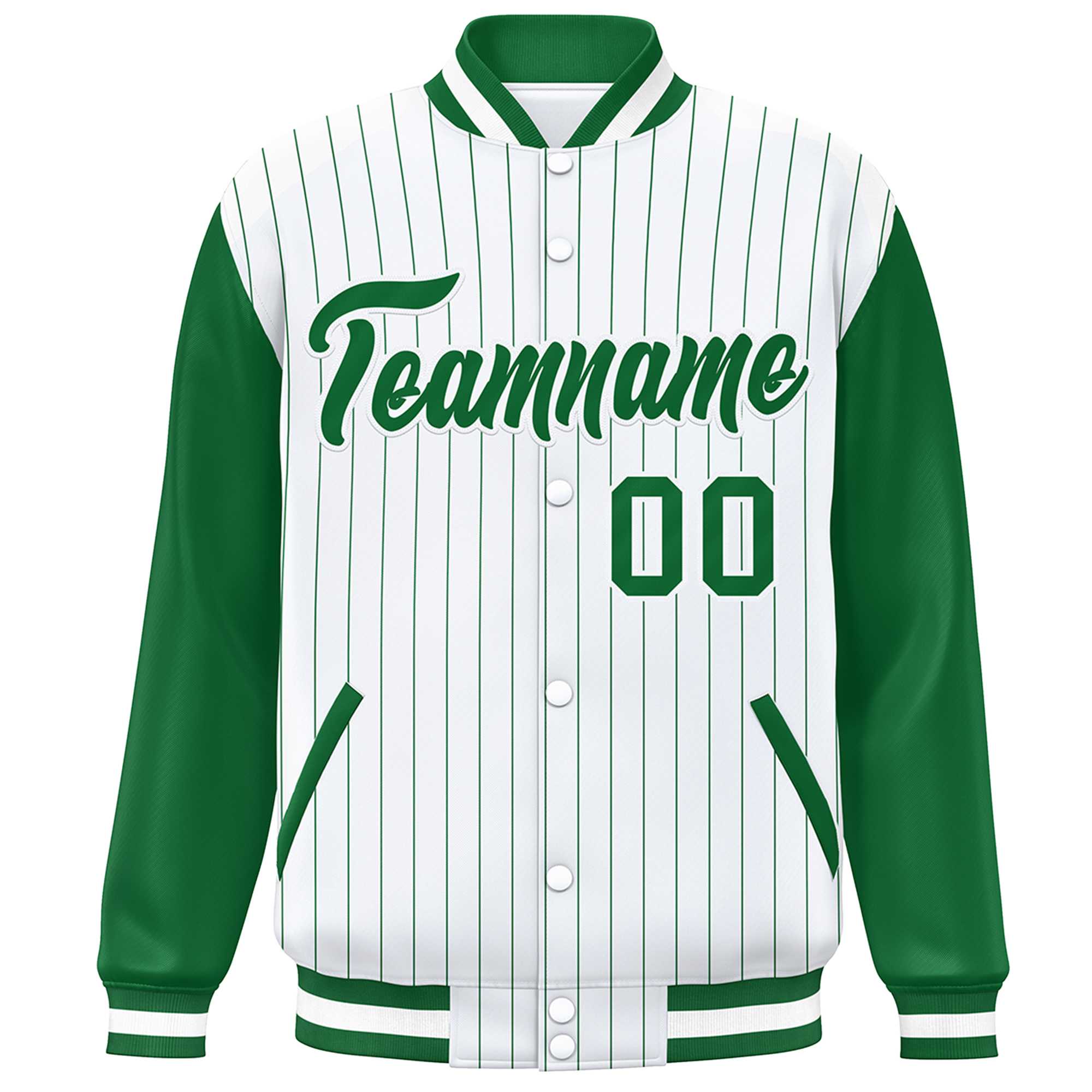 Custom White Kelly Green Stripe Fashion Bomber Varsity Jacket with Raglan Sleeves