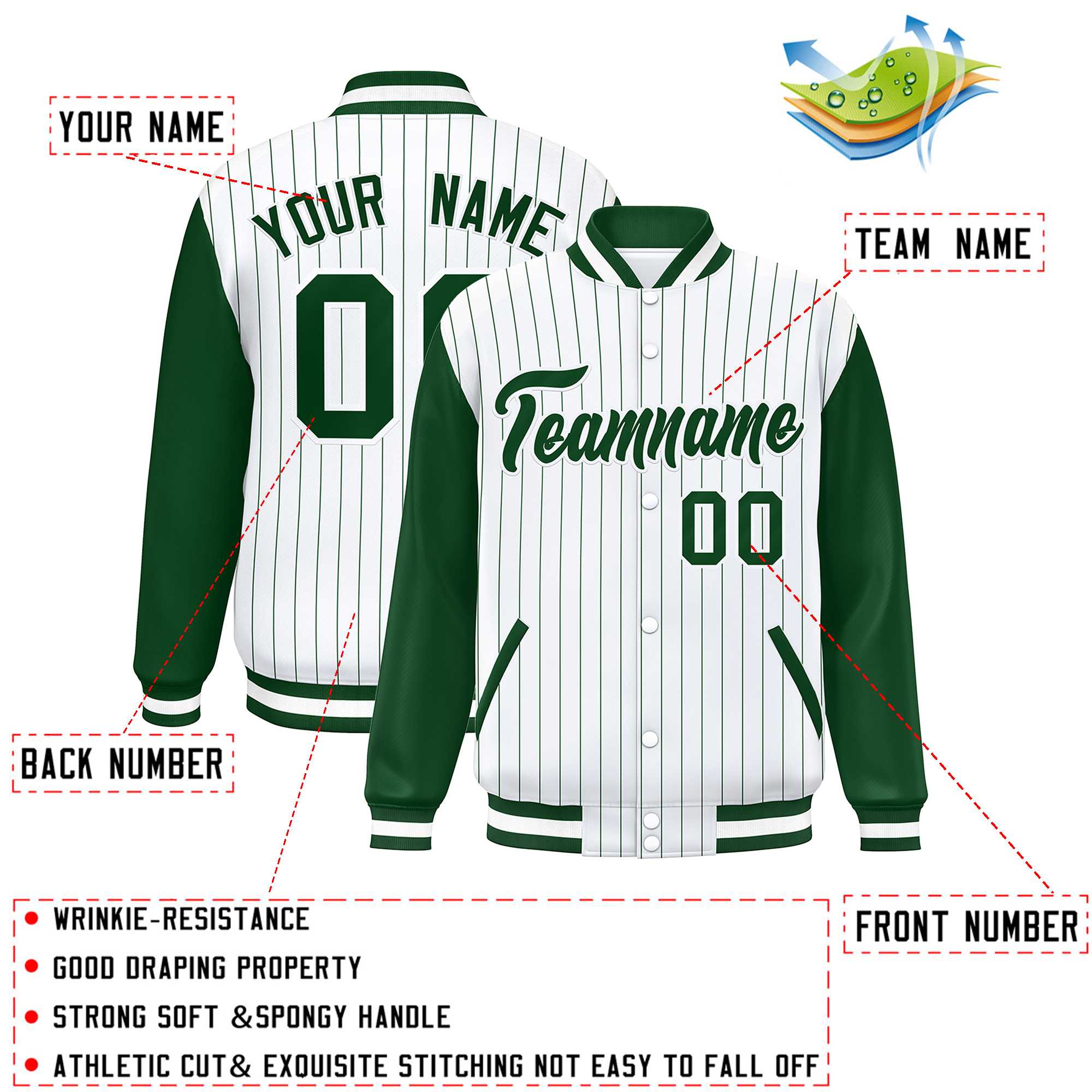 Custom White Green Stripe Fashion Bomber Varsity Jacket with Raglan Sleeves