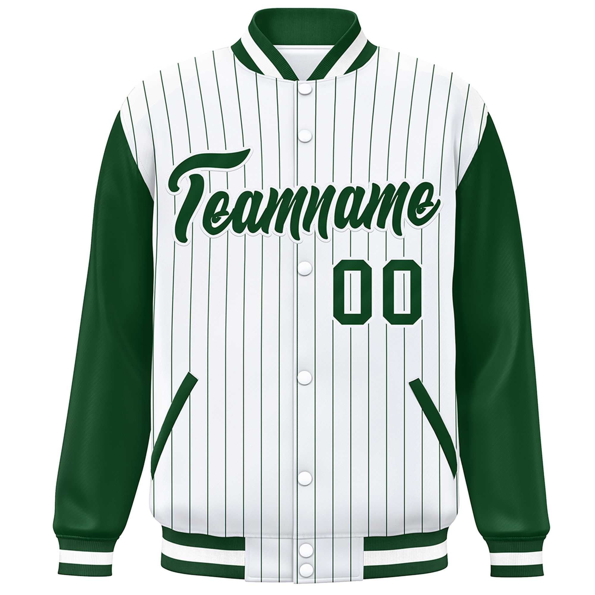 Custom White Green Stripe Fashion Bomber Varsity Jacket with Raglan Sleeves