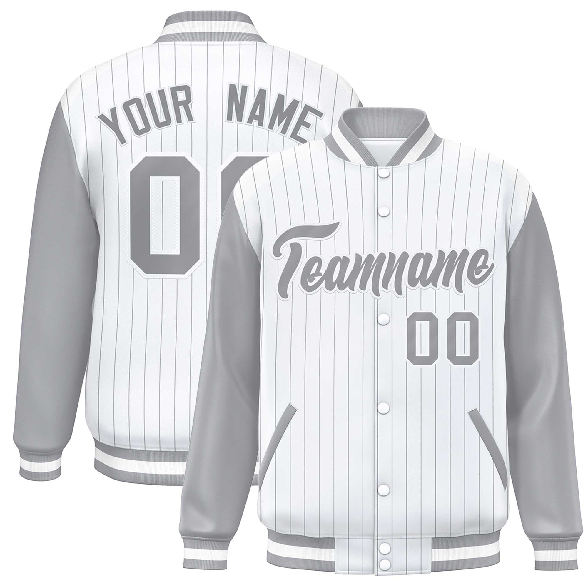 Custom White Gray Stripe Fashion Bomber Varsity Jacket with Raglan Sleeves