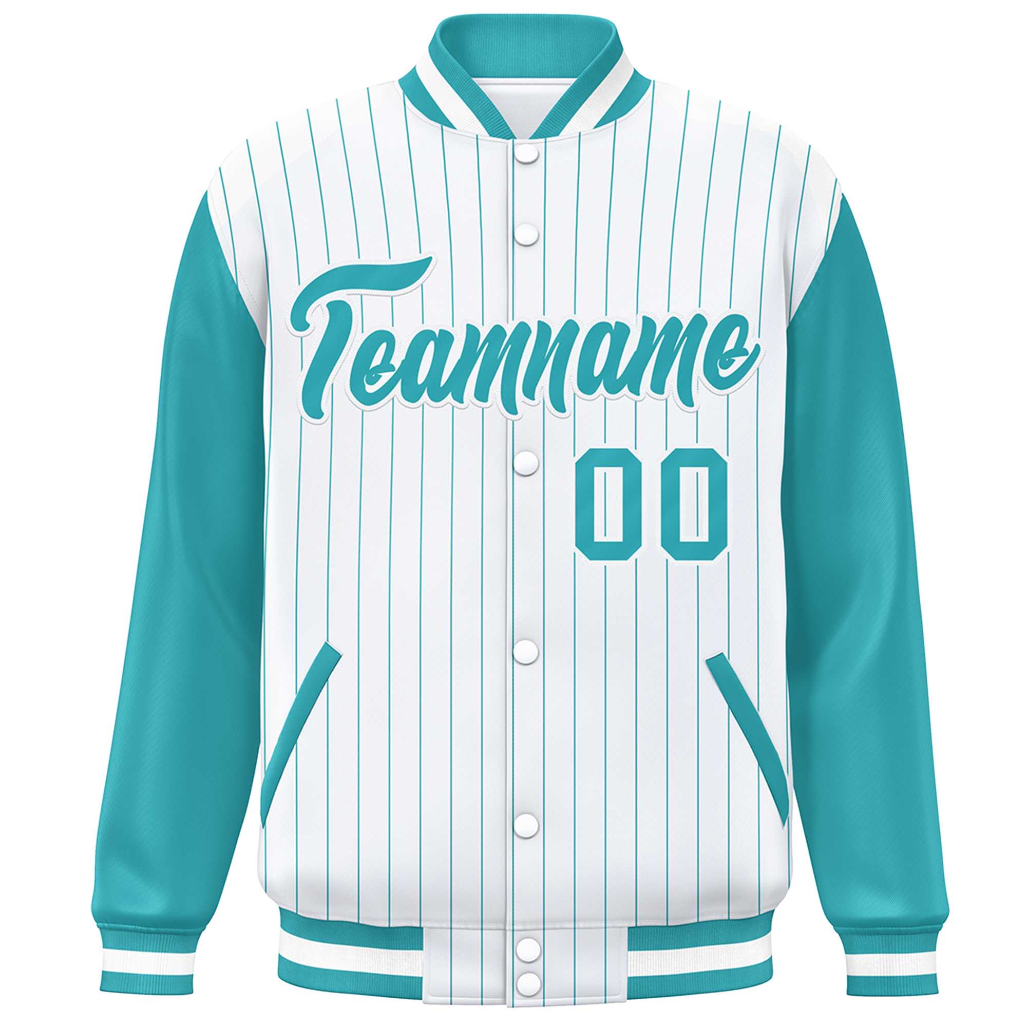 Custom White Aqua Stripe Fashion Bomber Varsity Jacket with Raglan Sleeves