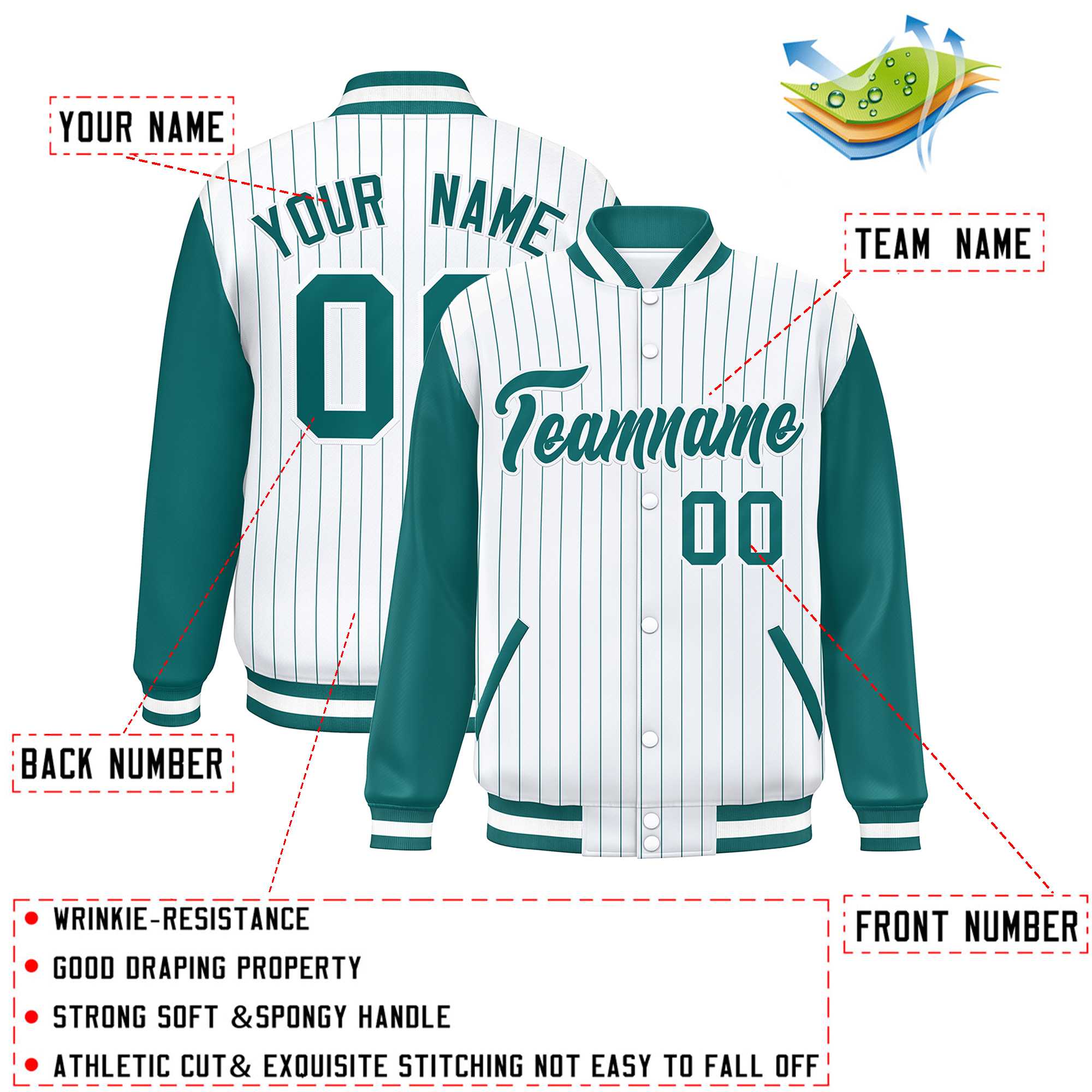 Custom White Aqua Stripe Fashion Bomber Varsity Jacket with Raglan Sleeves