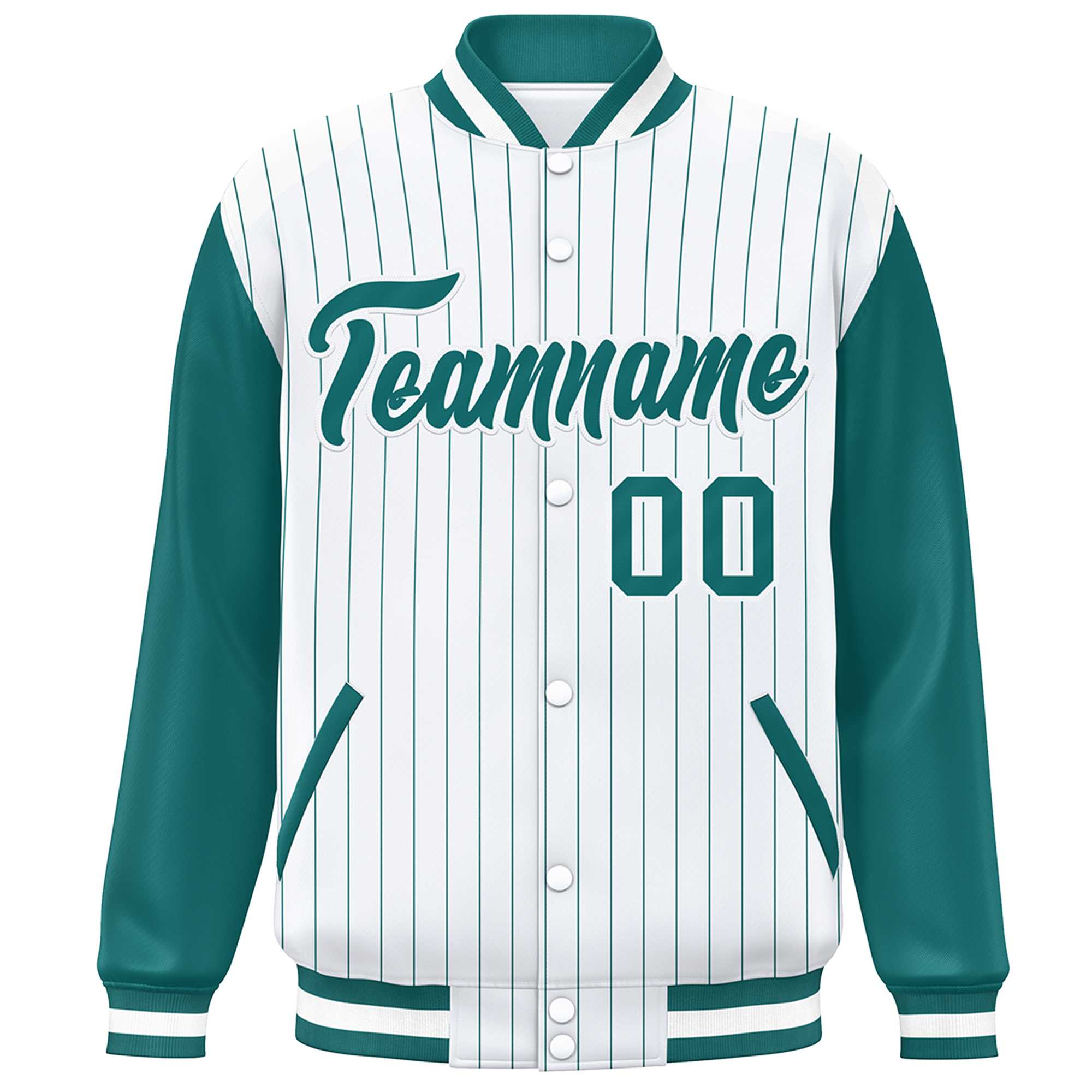 Custom White Aqua Stripe Fashion Bomber Varsity Jacket with Raglan Sleeves