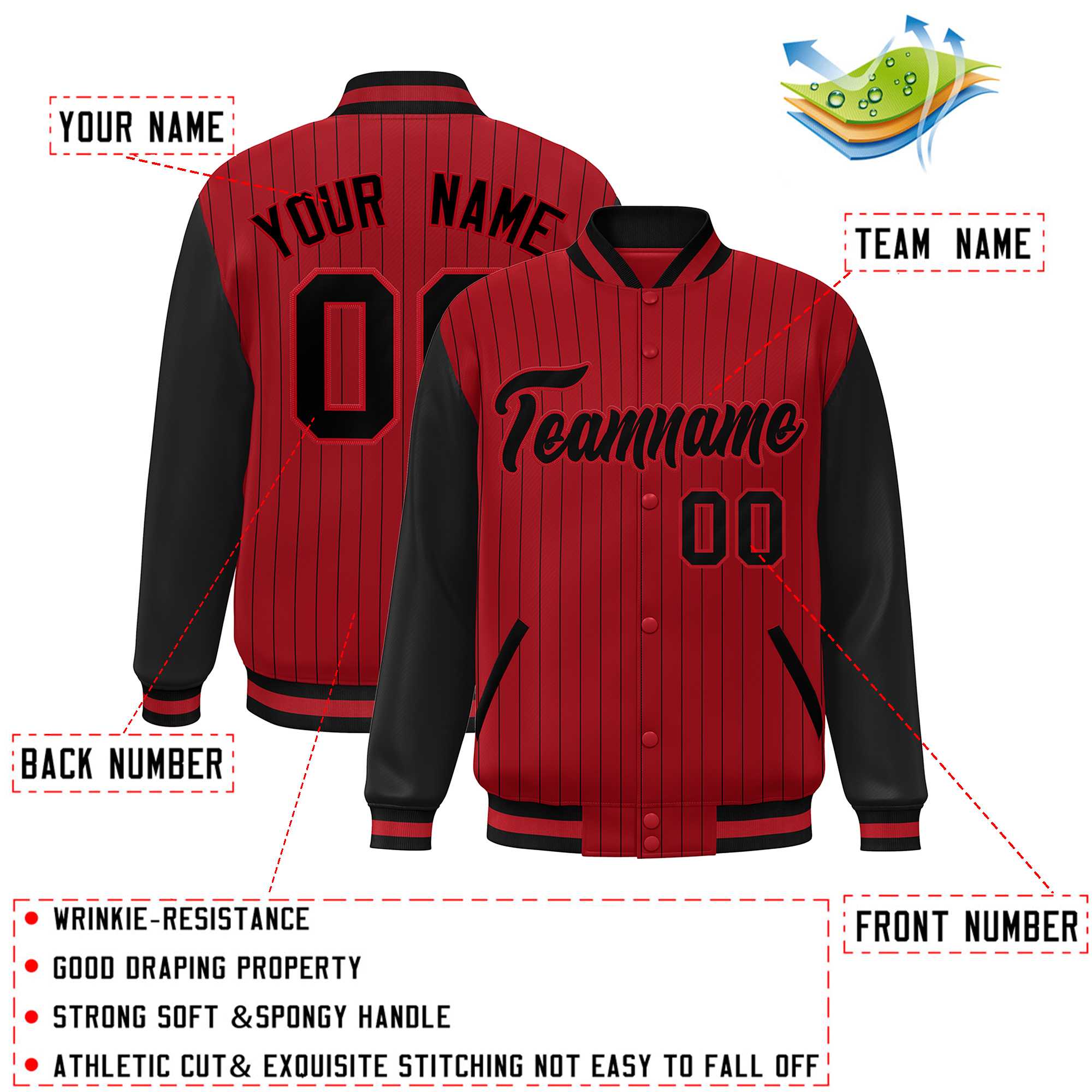 Custom Red Black Stripe Fashion Bomber Varsity Jacket with Raglan Sleeves